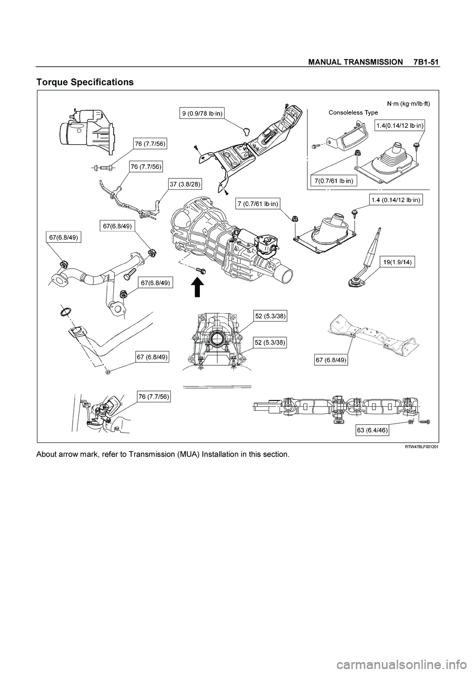 ISUZU TF SERIES 2004  Workshop Manual MANUAL TRANSMISSION     7B1-51
 
Torque Specifications 
  
  RTW47BLF001201 
About arrow mark, refer to Transmission (MUA) Installation in this section. 
 
  