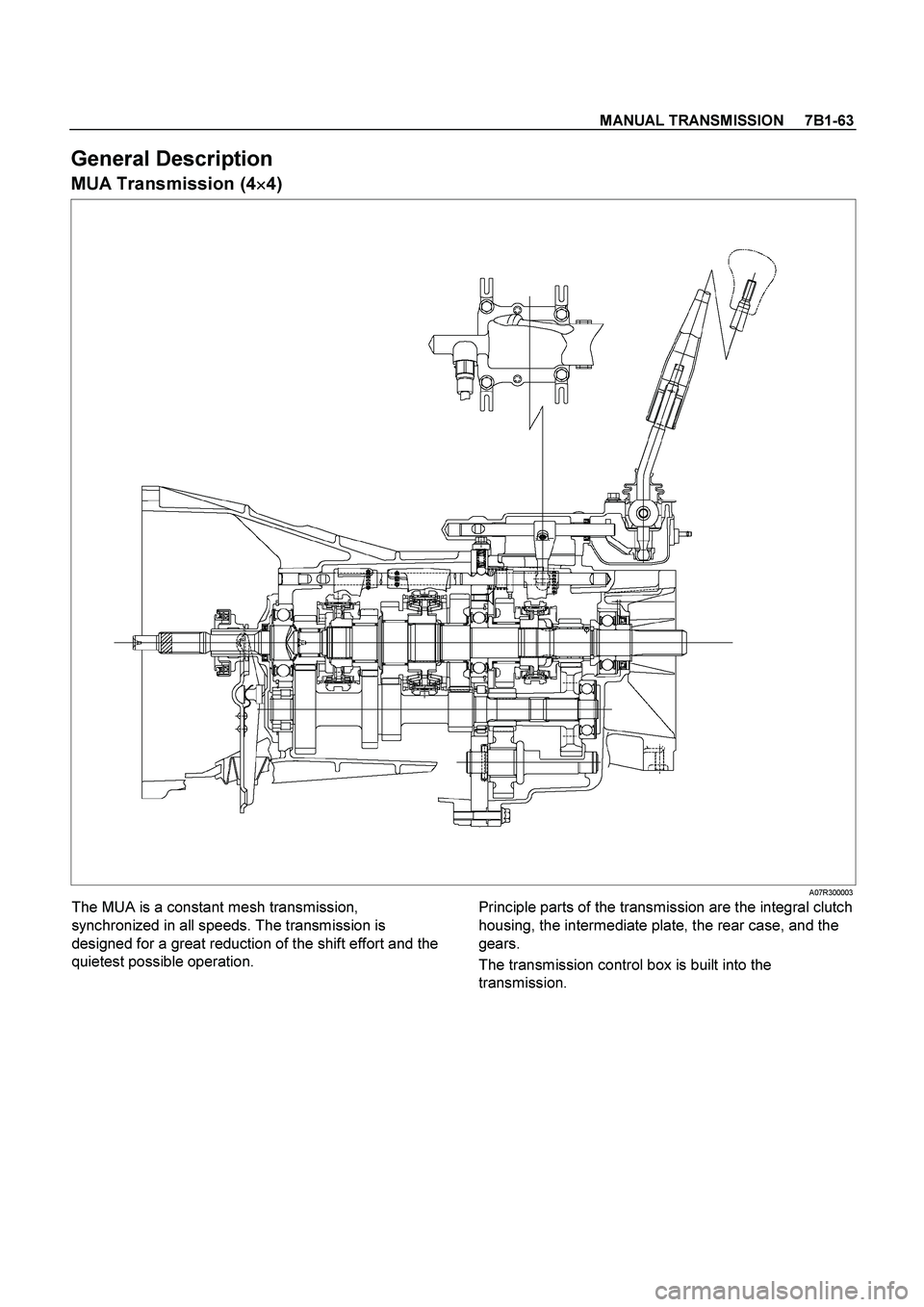 ISUZU TF SERIES 2004  Workshop Manual MANUAL TRANSMISSION     7B1-63
 
General Description 
MUA Transmission (4
 4) 
 A07R300003 
The MUA is a constant mesh transmission, 
synchronized in all speeds. The transmission is 
designed for 