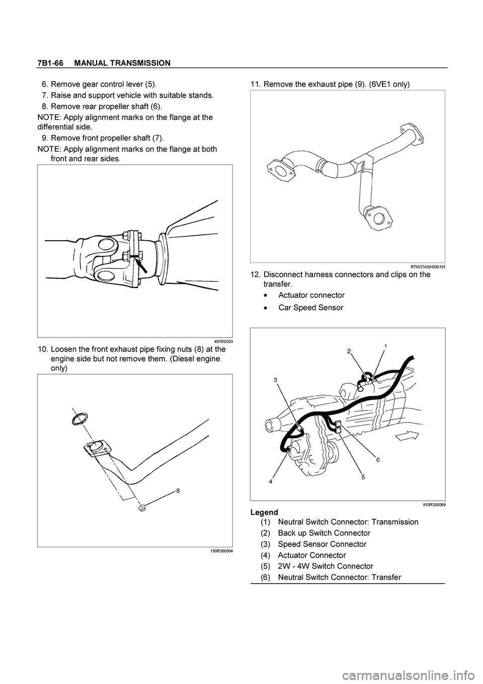 ISUZU TF SERIES 2004  Workshop Manual 7B1-66     MANUAL TRANSMISSION
 
  6. Remove gear control lever (5). 
  7. Raise and support vehicle with suitable stands. 
  8. Remove rear propeller shaft (6). 
NOTE: Apply alignment marks on the fl