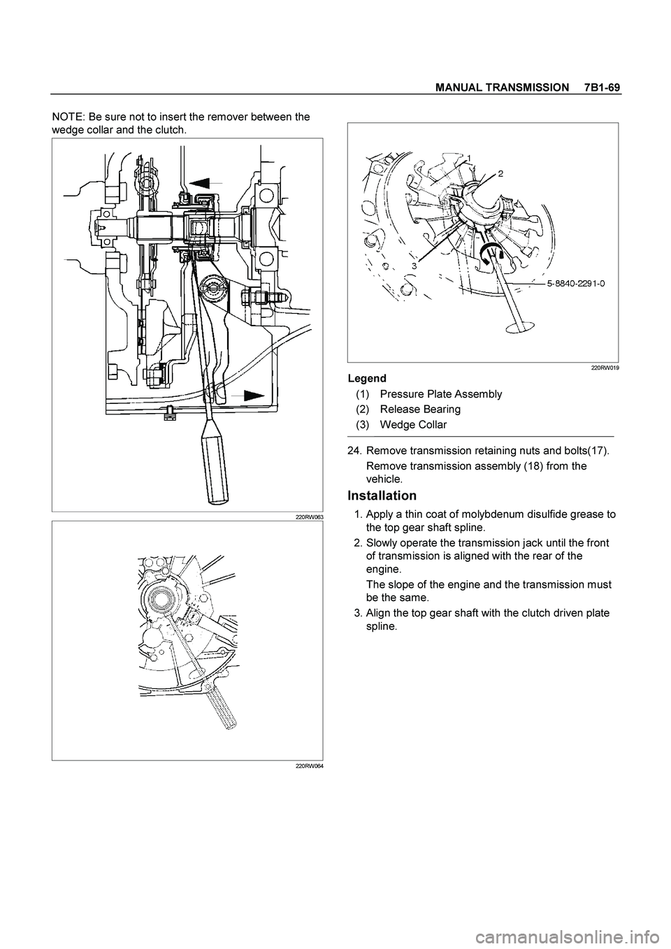 ISUZU TF SERIES 2004  Workshop Manual MANUAL TRANSMISSION     7B1-69
 
NOTE: Be sure not to insert the remover between the 
wedge collar and the clutch. 
220RW063
220RW064
  
 
220RW019
 
Legend 
(1) Pressure Plate Assembly 
(2) Release B