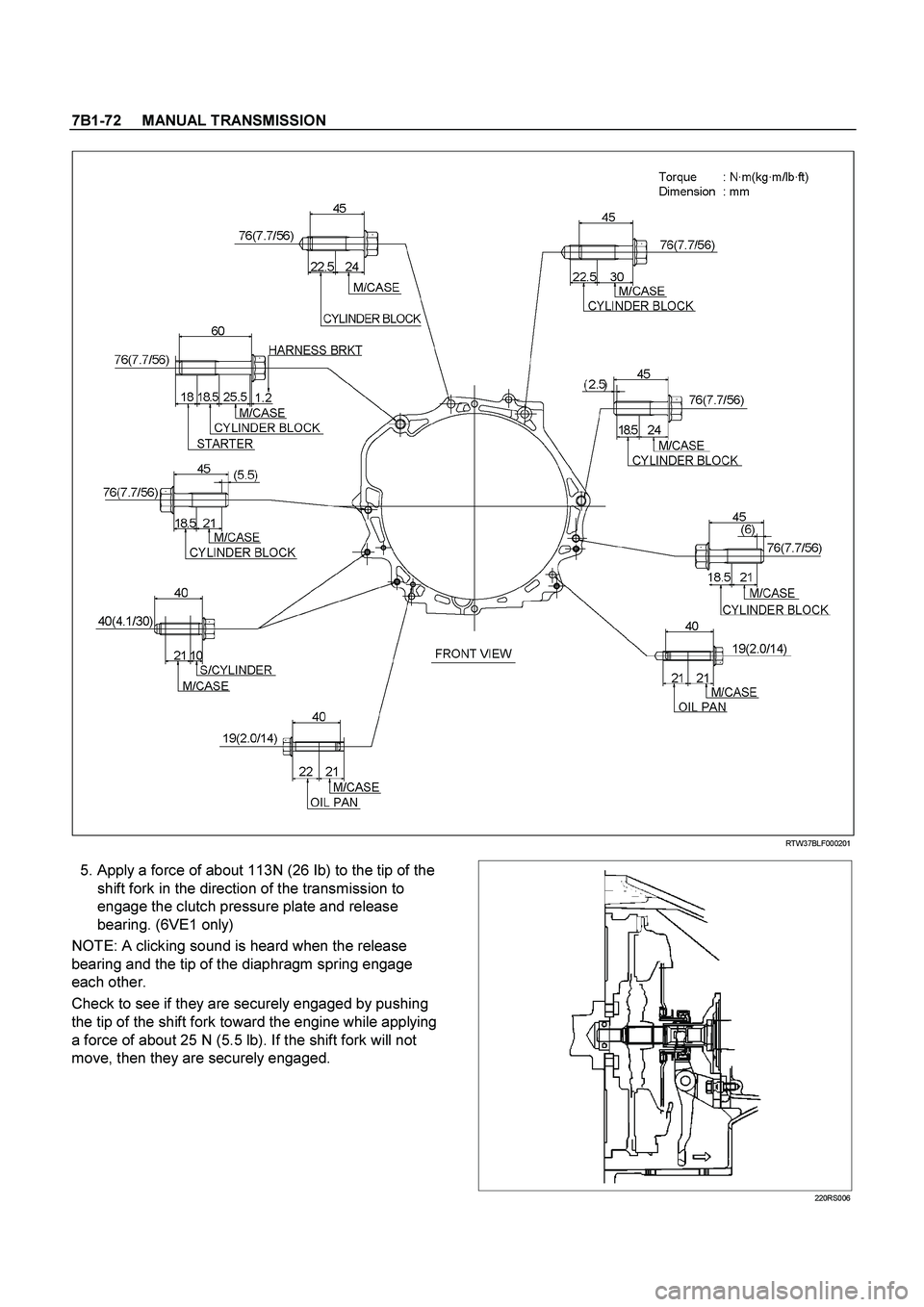 ISUZU TF SERIES 2004  Workshop Manual 7B1-72     MANUAL TRANSMISSION
 
  
 
 
 RTW37BLF000201 
 
  5. Apply a force of about 113N (26 Ib) to the tip of the 
shift fork in the direction of the transmission to 
engage the clutch pressure pl