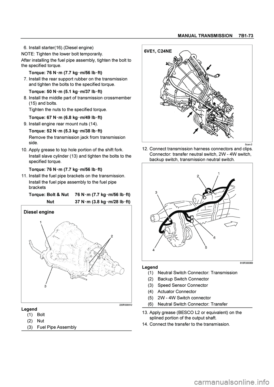 ISUZU TF SERIES 2004 Workshop Manual MANUAL TRANSMISSION 7B1-73
6. Install starter(16).(Diesel engine)
NOTE: Tighten the lower bolt temporarily.
After installing the fuel pipe assembly, tighten the bolt to
the specified torque ISUZU TF SERIES 2004 Workshop Manual MANUAL TRANSMISSION 7B1-73
6. Install starter(16).(Diesel engine)
NOTE: Tighten the lower bolt temporarily.
After installing the fuel pipe assembly, tighten the bolt to
the specified torque