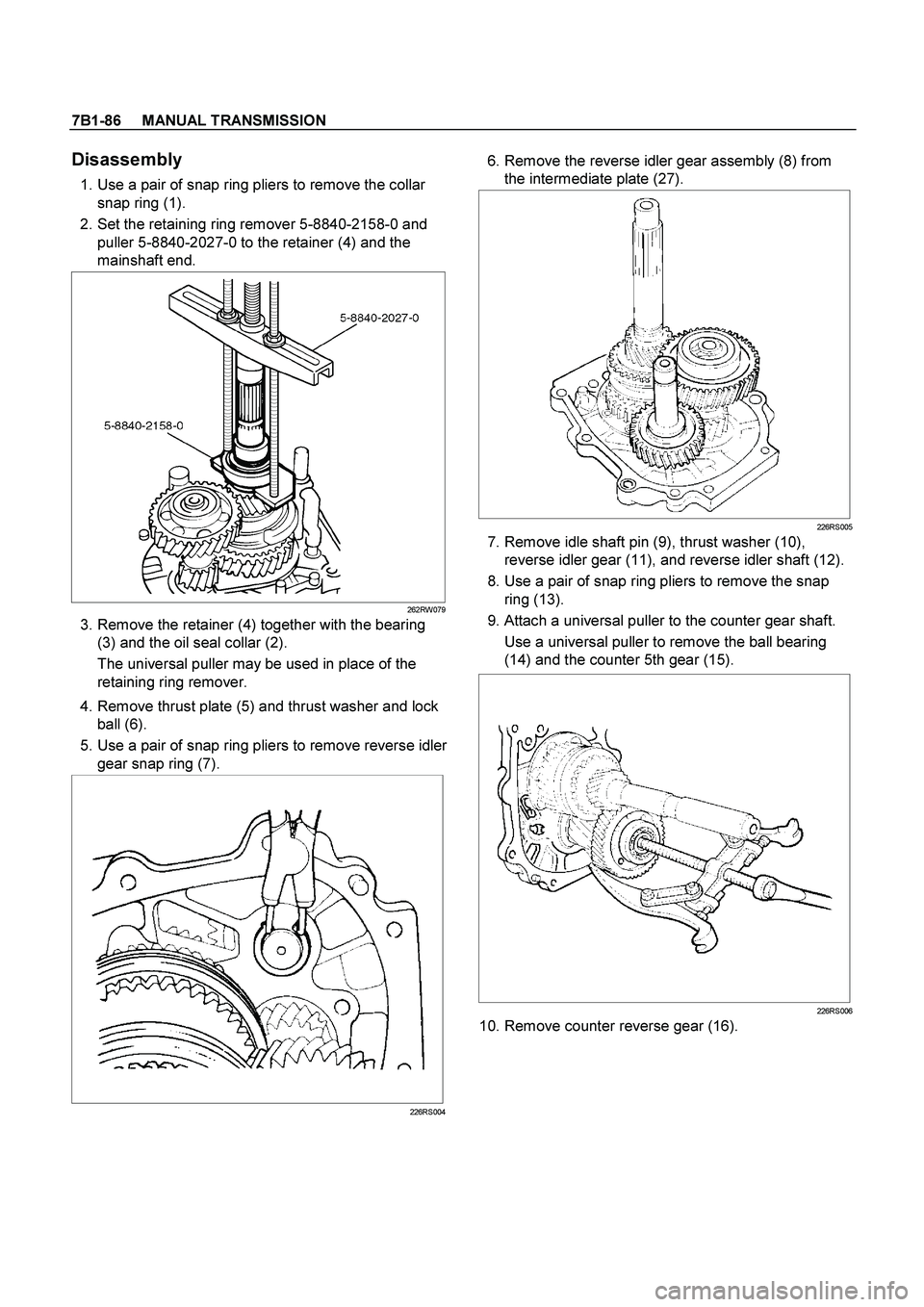 ISUZU TF SERIES 2004  Workshop Manual 7B1-86     MANUAL TRANSMISSION
 
Disassembly 
  1. Use a pair of snap ring pliers to remove the collar 
snap ring (1). 
  2. Set the retaining ring remover 5-8840-2158-0 and 
puller 5-8840-2027-0 to t