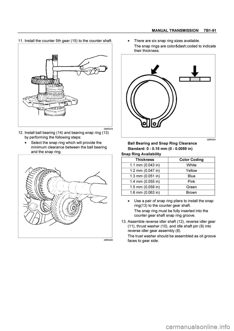 ISUZU TF SERIES 2004  Workshop Manual MANUAL TRANSMISSION     7B1-91
 
 11. Install the counter 5th gear (15) to the counter shaft.
  
226RS019
 12. Install ball bearing (14) and bearing snap ring (13) 
by performing the following steps: 