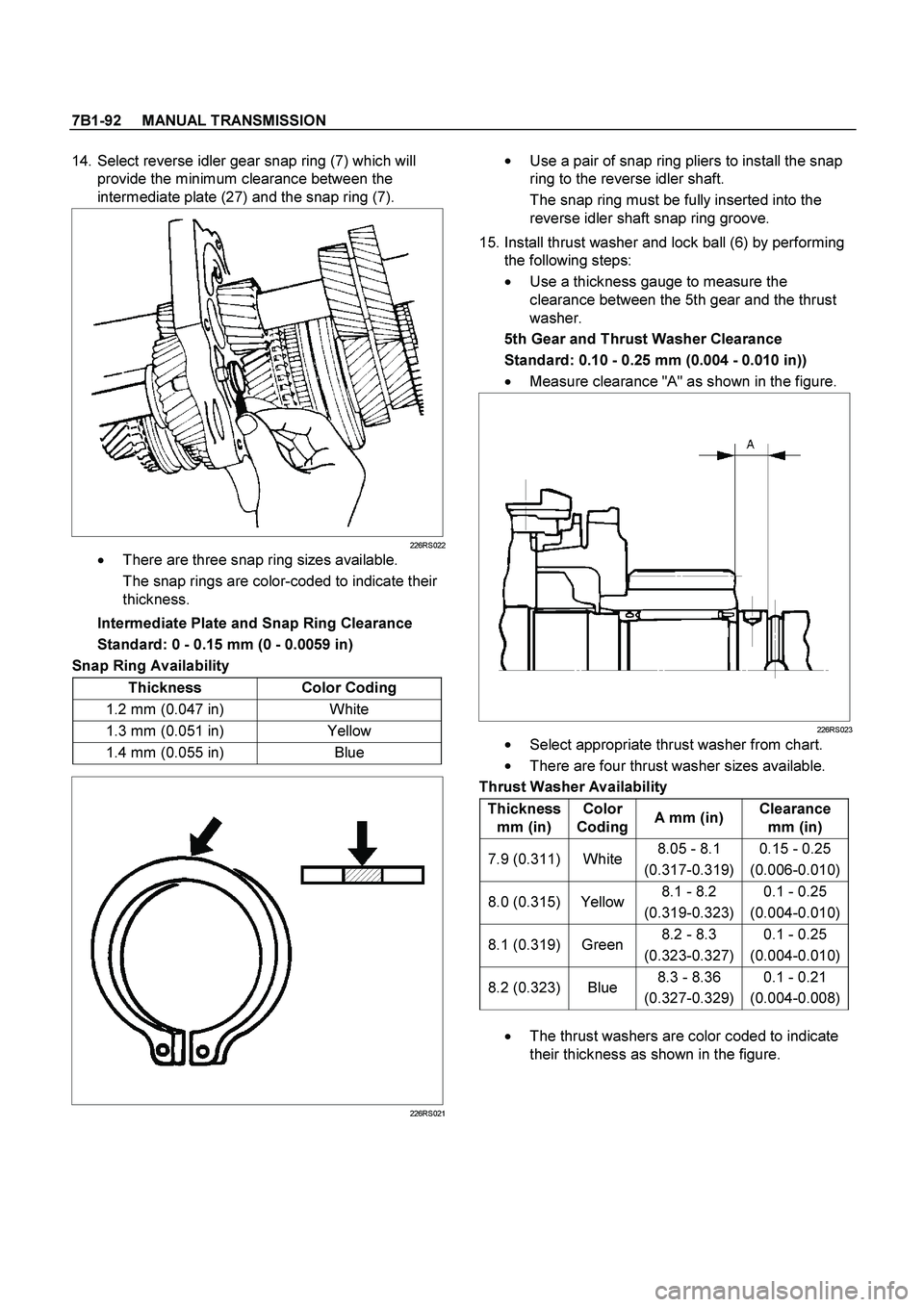 ISUZU TF SERIES 2004  Workshop Manual 7B1-92     MANUAL TRANSMISSION
 
14. Select reverse idler gear snap ring (7) which will 
provide the minimum clearance between the 
intermediate plate (27) and the snap ring (7). 
  
226RS022

  Ther