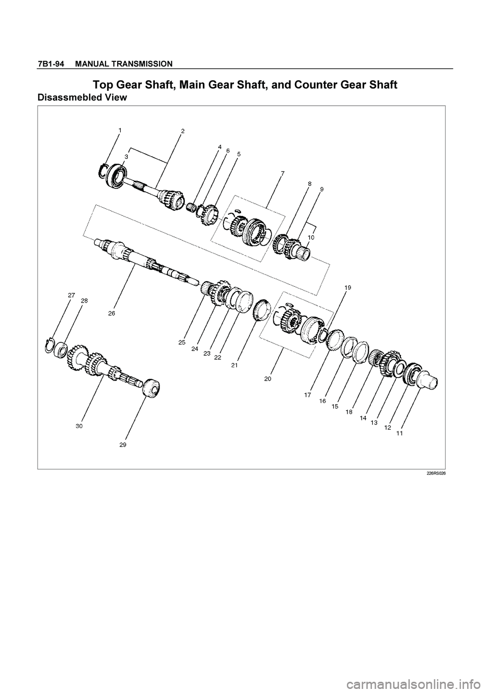 ISUZU TF SERIES 2004  Workshop Manual 7B1-94     MANUAL TRANSMISSION
 
Top Gear Shaft, Main Gear Shaft, and Counter Gear Shaft 
Disassmebled View 
 
 
 226RS026  