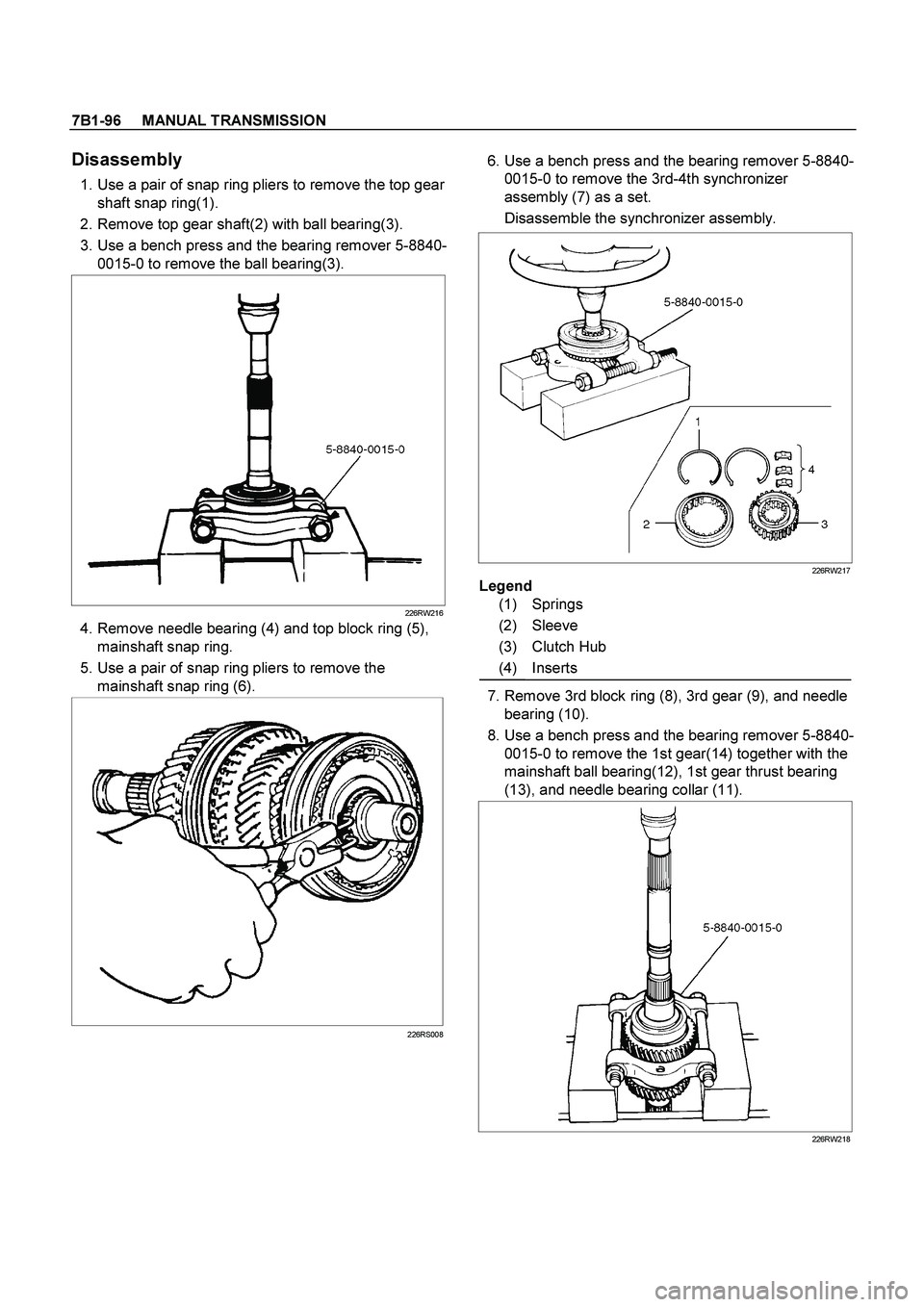 ISUZU TF SERIES 2004  Workshop Manual 7B1-96     MANUAL TRANSMISSION
 
Disassembly 
  1. Use a pair of snap ring pliers to remove the top gear 
shaft snap ring(1). 
  2. Remove top gear shaft(2) with ball bearing(3). 
  3. Use a bench pre