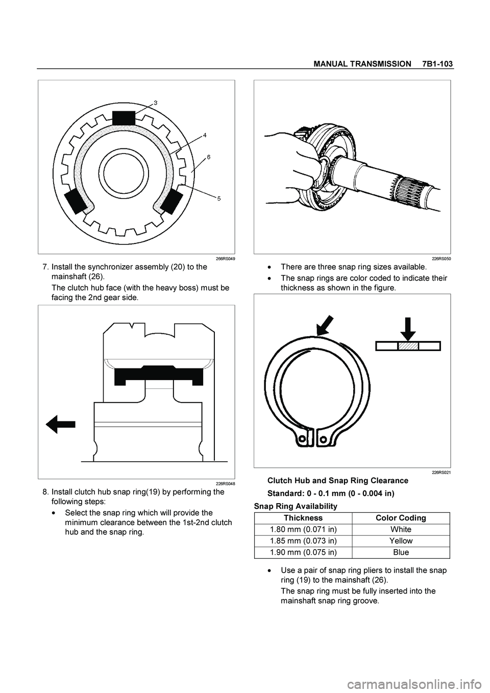 ISUZU TF SERIES 2004  Workshop Manual MANUAL TRANSMISSION     7B1-103
 
 
 
 
 
266RS049
  7. Install the synchronizer assembly (20) to the 
mainshaft (26). 
The clutch hub face (with the heavy boss) must be 
facing the 2nd gear side. 
  