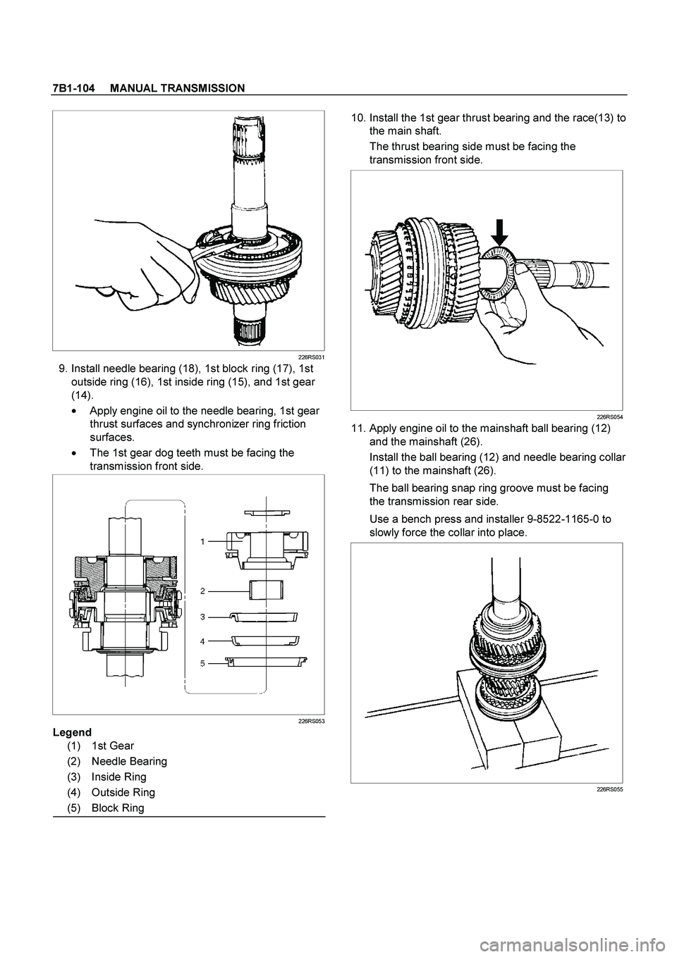 ISUZU TF SERIES 2004  Workshop Manual 7B1-104     MANUAL TRANSMISSION
 
  
226RS031
  9. Install needle bearing (18), 1st block ring (17), 1st 
outside ring (16), 1st inside ring (15), and 1st gear 
(14). 

  Apply engine oil to the need
