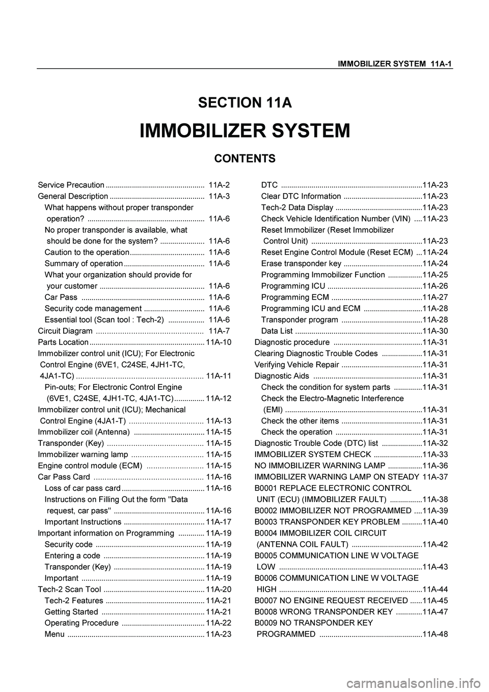 ISUZU TF SERIES 2004  Workshop Manual IMMOBILIZER SYSTEM  11A-1
 
SECTION 11A 
IMMOBILIZER SYSTEM 
CONTENTS 
 
Service Precaution.................................................  
11A-2
General Description................................