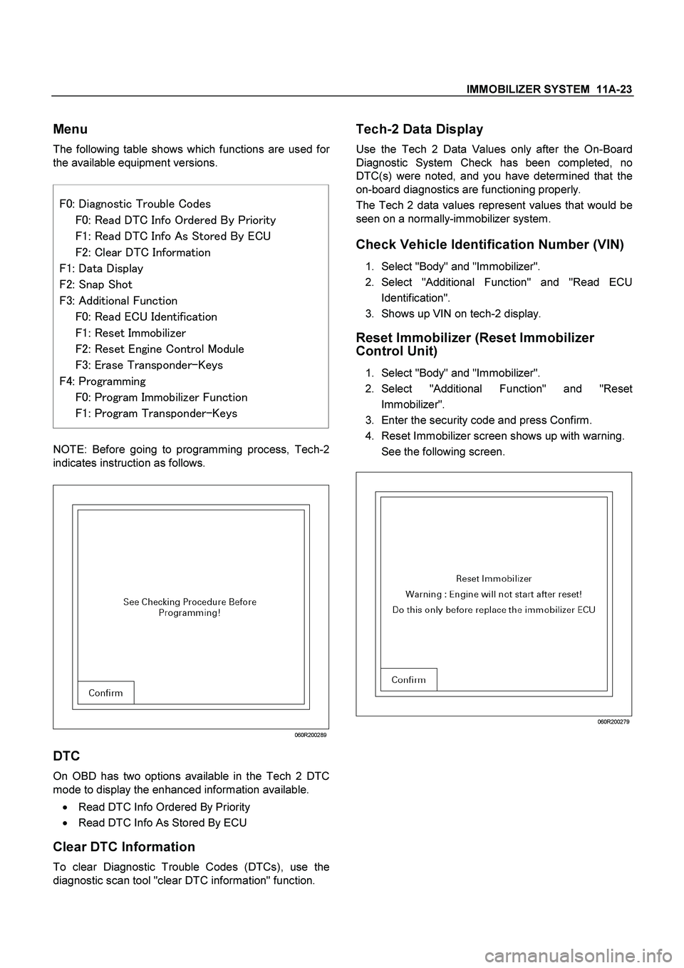 ISUZU TF SERIES 2004  Workshop Manual IMMOBILIZER SYSTEM  11A-23
 
Menu 
The following table shows which functions are used for
the available equipment versions. 
 
  
	




 	

