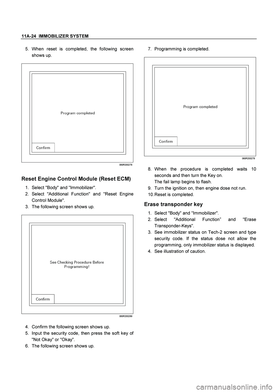 ISUZU TF SERIES 2004  Workshop Manual 11A-24  IMMOBILIZER SYSTEM
 
5. 
When reset is completed, the following screen
shows up. 
 
060R200278
 
Reset Engine Control Module (Reset ECM)
1. 
Select "Body" and "Immobilizer". 
2. 
Select "Addit