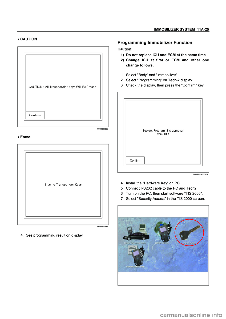 ISUZU TF SERIES 2004  Workshop Manual IMMOBILIZER SYSTEM  11A-25
 

  CAUTION
 
 
060R200286
 

  Erase
 
 
060R200285
 
4. 
See programming result on display. 
  
Programming Immobilizer Function 
Caution:
 
1)
 Do not replace IC