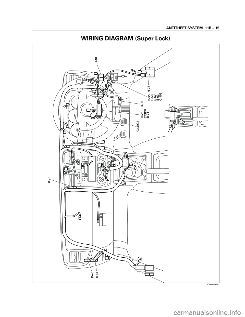 ISUZU TF SERIES 2004  Workshop Manual ANTITHEFT SYSTEM  11B – 15
B
CH-26
B-55
B-56
B-62
B-63
C-108 B-58 Horn
swittch
B-71 IG1&IG2 B-43
B-44B-73
H-18
RTW48AXF025601
WIRING DIAGRAM (Super Lock) 