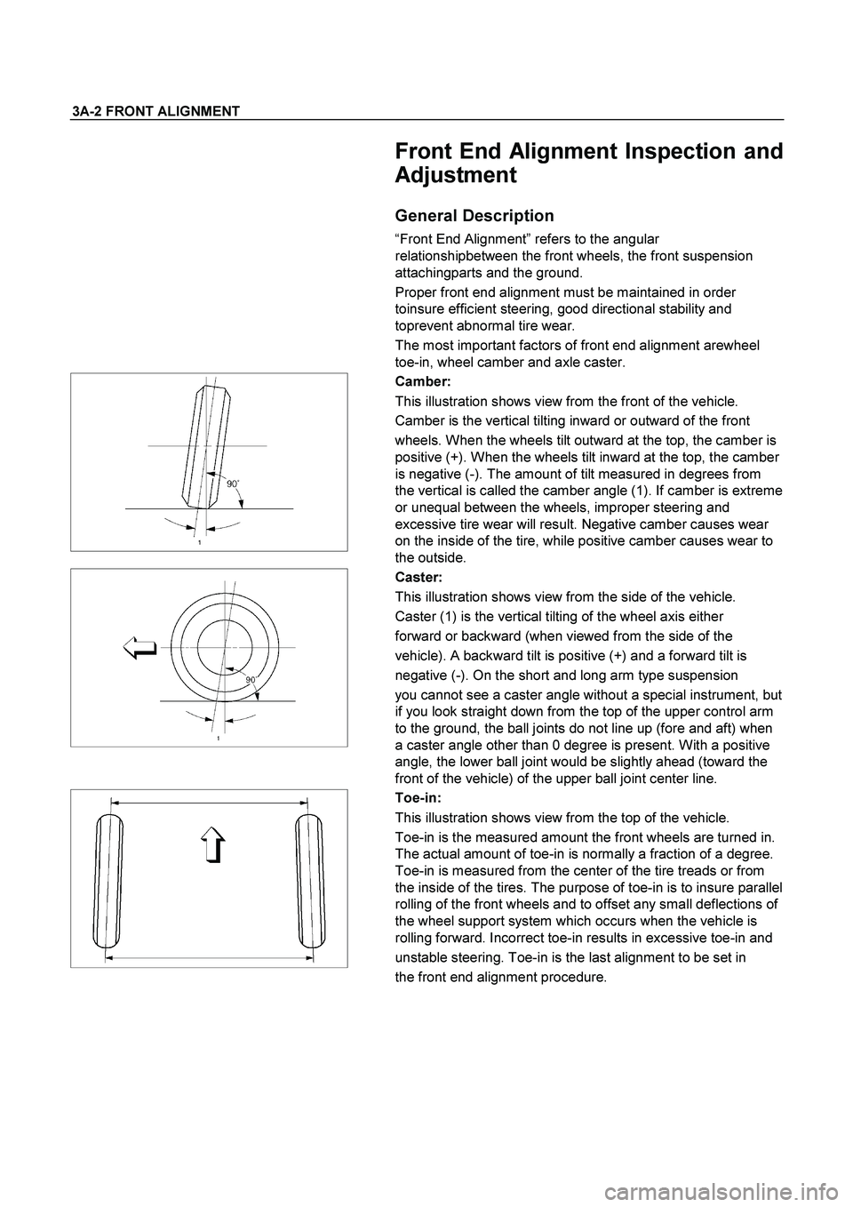 ISUZU TF SERIES 2004  Workshop Manual 3A-2 FRONT ALIGNMENT 
  
Front End Alignment Inspection and
Adjustment 
General Description 
“Front End Alignment” refers to the angular 
relationshipbetween the front wheels, the front suspension