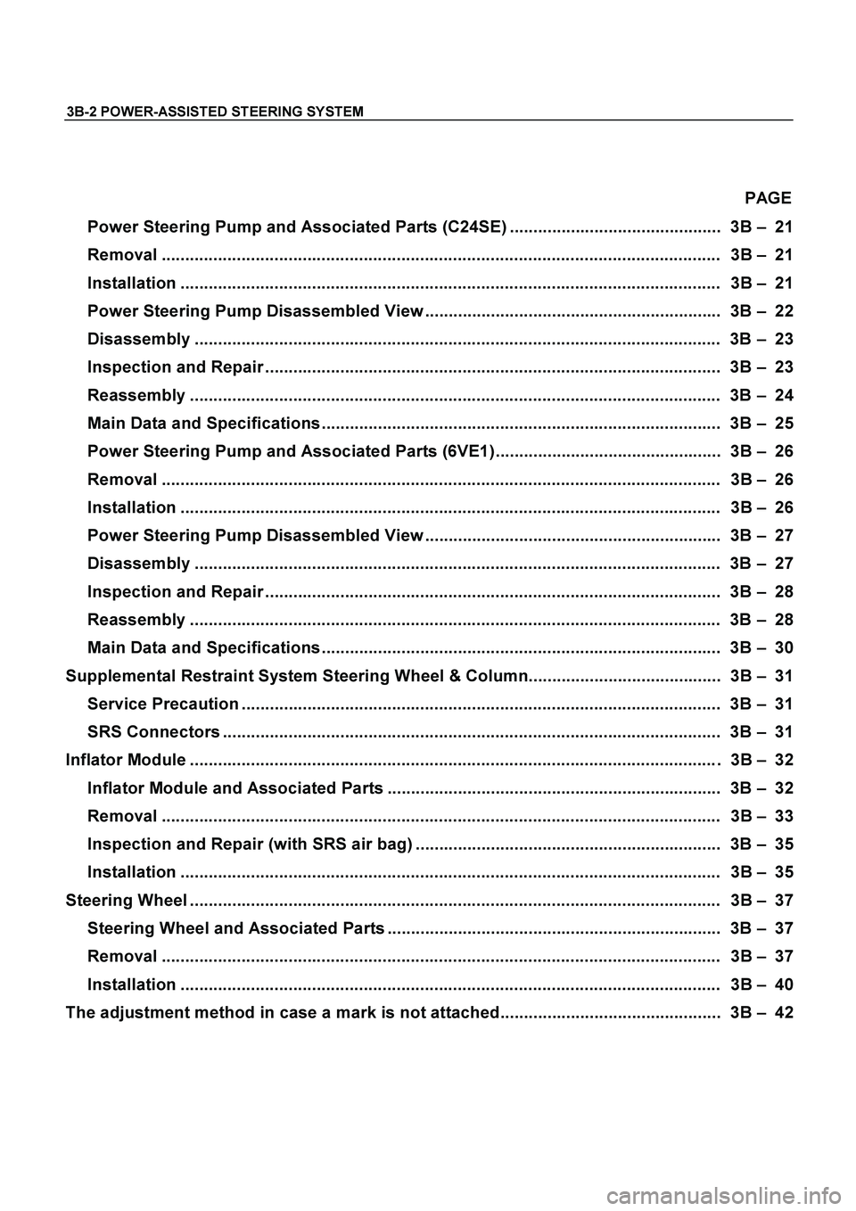 ISUZU TF SERIES 2004  Workshop Manual 3B-2 POWER-ASSISTED STEERING SYSTEM
 
 
 PAGE 
Power Steering Pump and Associated Parts (C24SE) .............................................   3B – 21 
Removal .....................................