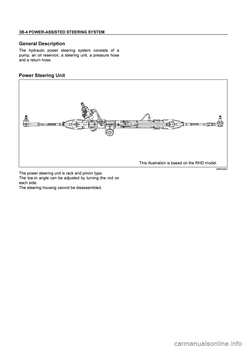 ISUZU TF SERIES 2004  Workshop Manual 3B-4 POWER-ASSISTED STEERING SYSTEM
 
General Description 
The hydraulic power steering system consists of a
pump, an oil reservoir, a steering unit, a pressure hose
and a return hose. 
   
Power Stee