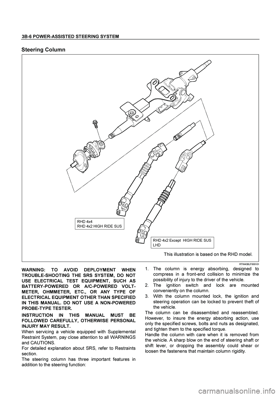 ISUZU TF SERIES 2004 Workshop Manual 3B-6 POWER-ASSISTED STEERING SYSTEM
Steering Column
This illustration is based on the RHD model.
RTW43BLF000101
WARNING: TO AVOID DEPLOYMENT WHEN
TROUBLE-SHOOTING THE SRS SYSTEM, DO NOT
USE ISUZU TF SERIES 2004 Workshop Manual 3B-6 POWER-ASSISTED STEERING SYSTEM
Steering Column
This illustration is based on the RHD model.
RTW43BLF000101
WARNING: TO AVOID DEPLOYMENT WHEN
TROUBLE-SHOOTING THE SRS SYSTEM, DO NOT
USE