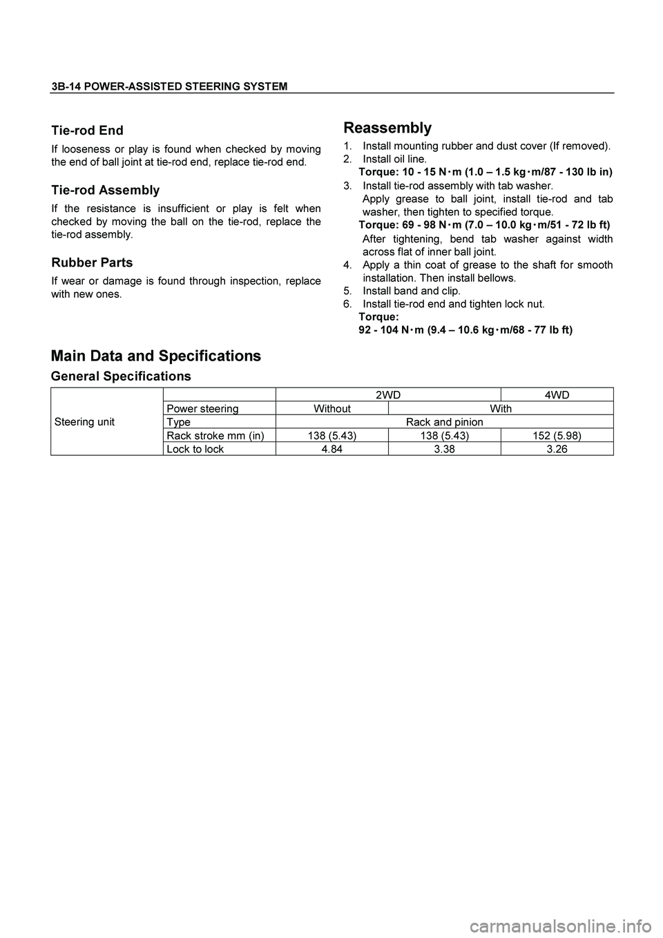 ISUZU TF SERIES 2004 Workshop Manual 3B-14 POWER-ASSISTED STEERING SYSTEM
Tie-rod End
If looseness or play is found when checked by moving
the end of ball joint at tie-rod end, replace tie-rod end.
Tie-rod Assembly
If the resist ISUZU TF SERIES 2004 Workshop Manual 3B-14 POWER-ASSISTED STEERING SYSTEM
Tie-rod End
If looseness or play is found when checked by moving
the end of ball joint at tie-rod end, replace tie-rod end.
Tie-rod Assembly
If the resist