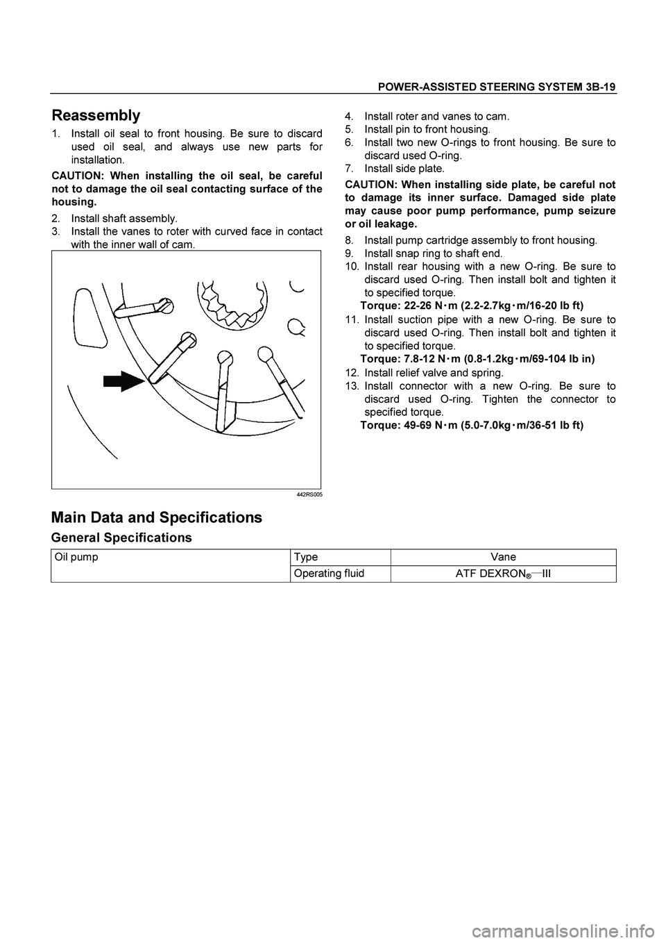 ISUZU TF SERIES 2004 Workshop Manual POWER-ASSISTED STEERING SYSTEM 3B-19
Reassembly
1. Install oil seal to front housing. Be sure to discard
used oil seal, and always use new parts fo
r
installation.
CAUTION: When installing the oi ISUZU TF SERIES 2004 Workshop Manual POWER-ASSISTED STEERING SYSTEM 3B-19
Reassembly
1. Install oil seal to front housing. Be sure to discard
used oil seal, and always use new parts fo
r
installation.
CAUTION: When installing the oi