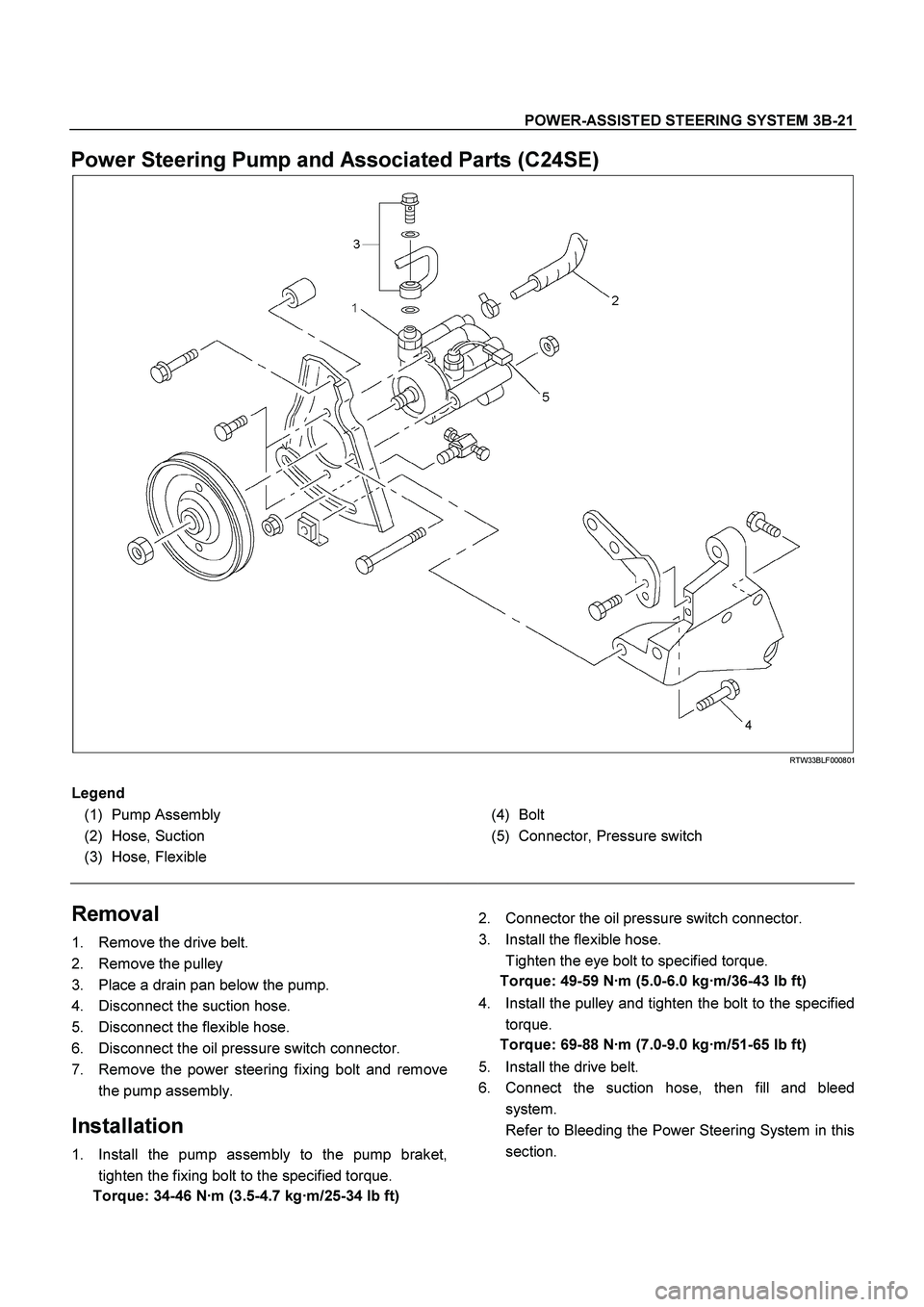 ISUZU TF SERIES 2004 Workshop Manual POWER-ASSISTED STEERING SYSTEM 3B-21
Power Steering Pump and Associated Parts (C24SE)
RTW33BLF000801
Legend
(1) Pump Assembly
(2) Hose, Suction
(3) Hose, Flexible
(4) Bolt
(5) Connecto ISUZU TF SERIES 2004 Workshop Manual POWER-ASSISTED STEERING SYSTEM 3B-21
Power Steering Pump and Associated Parts (C24SE)
RTW33BLF000801
Legend
(1) Pump Assembly
(2) Hose, Suction
(3) Hose, Flexible
(4) Bolt
(5) Connecto