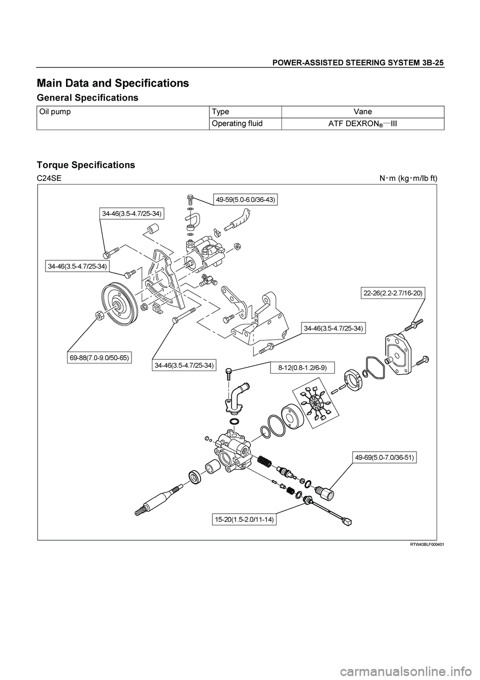 ISUZU TF SERIES 2004  Workshop Manual POWER-ASSISTED STEERING SYSTEM 3B-25
 
Main Data and Specifications 
General Specifications 
Oil pump  Type  Vane 
 Operating fluid 
ATF DEXRON®
III 
 
 
 
Torque Specifications 
C24SE N
m (kg
m/I