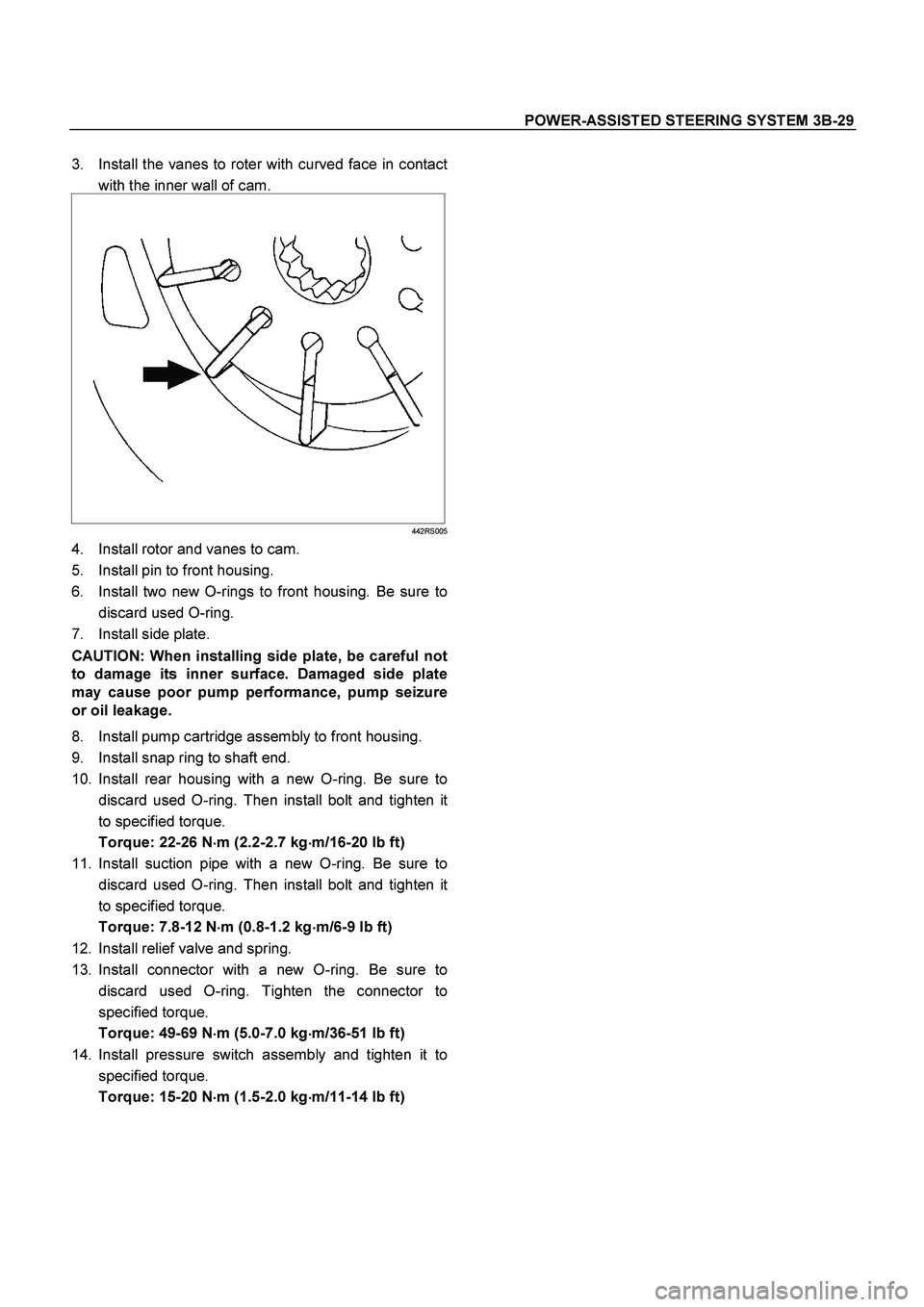 ISUZU TF SERIES 2004 Workshop Manual POWER-ASSISTED STEERING SYSTEM 3B-29
3. Install the vanes to roter with curved face in contact
with the inner wall of cam.
442RS005
4. Install rotor and vanes to cam.
5. Install pin to front ho ISUZU TF SERIES 2004 Workshop Manual POWER-ASSISTED STEERING SYSTEM 3B-29
3. Install the vanes to roter with curved face in contact
with the inner wall of cam.
442RS005
4. Install rotor and vanes to cam.
5. Install pin to front ho