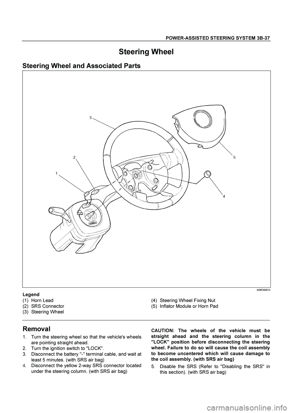 ISUZU TF SERIES 2004  Workshop Manual POWER-ASSISTED STEERING SYSTEM 3B-37
 
Steering Wheel 
Steering Wheel and Associated Parts 
 430R300013 
Legend 
(1) Horn Lead 
(2) SRS Connector 
(3) Steering Wheel   
(4)  Steering Wheel Fixing Nut 