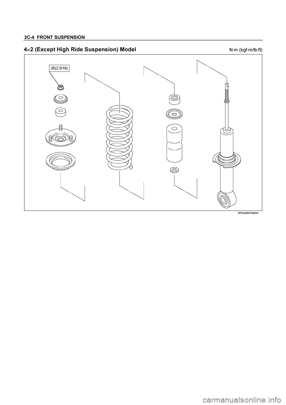 ISUZU TF SERIES 2004  Workshop Manual 3C-4  FRONT SUSPENSION 
4

 2 (Except High Ride Suspension) Model  N
m (kgf
m/lb
ft) 
  
  RTW440MF000201 
 
  