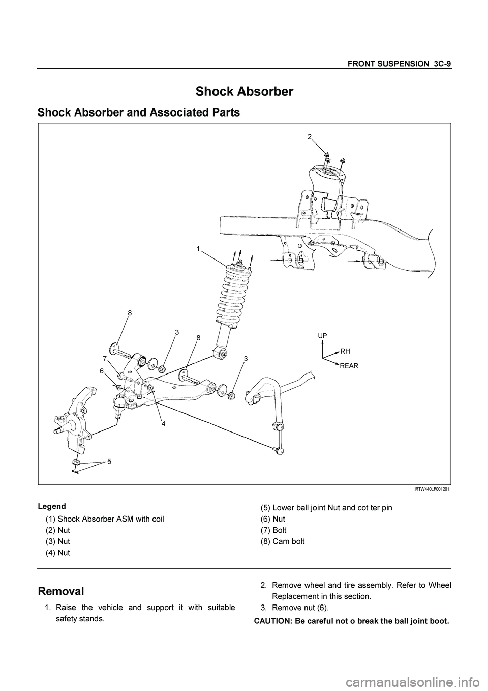 ISUZU TF SERIES 2004  Workshop Manual FRONT SUSPENSION  3C-9
 
Shock Absorber 
Shock Absorber and Associated Parts 
  
 
 RTW440LF001201 
 
Legend 
 
(1) 
Shock Absorber ASM with coil 
 
(2) 
Nut 
 
(3) 
Nut 
 
(4) 
Nut 
  
 
(5) 
Lower b