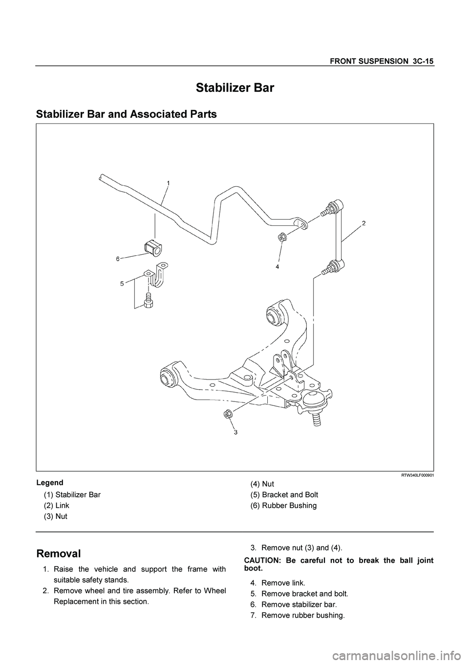 ISUZU TF SERIES 2004  Workshop Manual FRONT SUSPENSION  3C-15
 
Stabilizer Bar 
Stabilizer Bar and Associated Parts 
 
  
 
 RTW340LF000901 
Legend 
 
(1) 
Stabilizer Bar 
 
(2) 
Link 
 
(3) 
Nut 
  
 
(4) 
Nut 
 
(5) 
Bracket and Bolt 
 