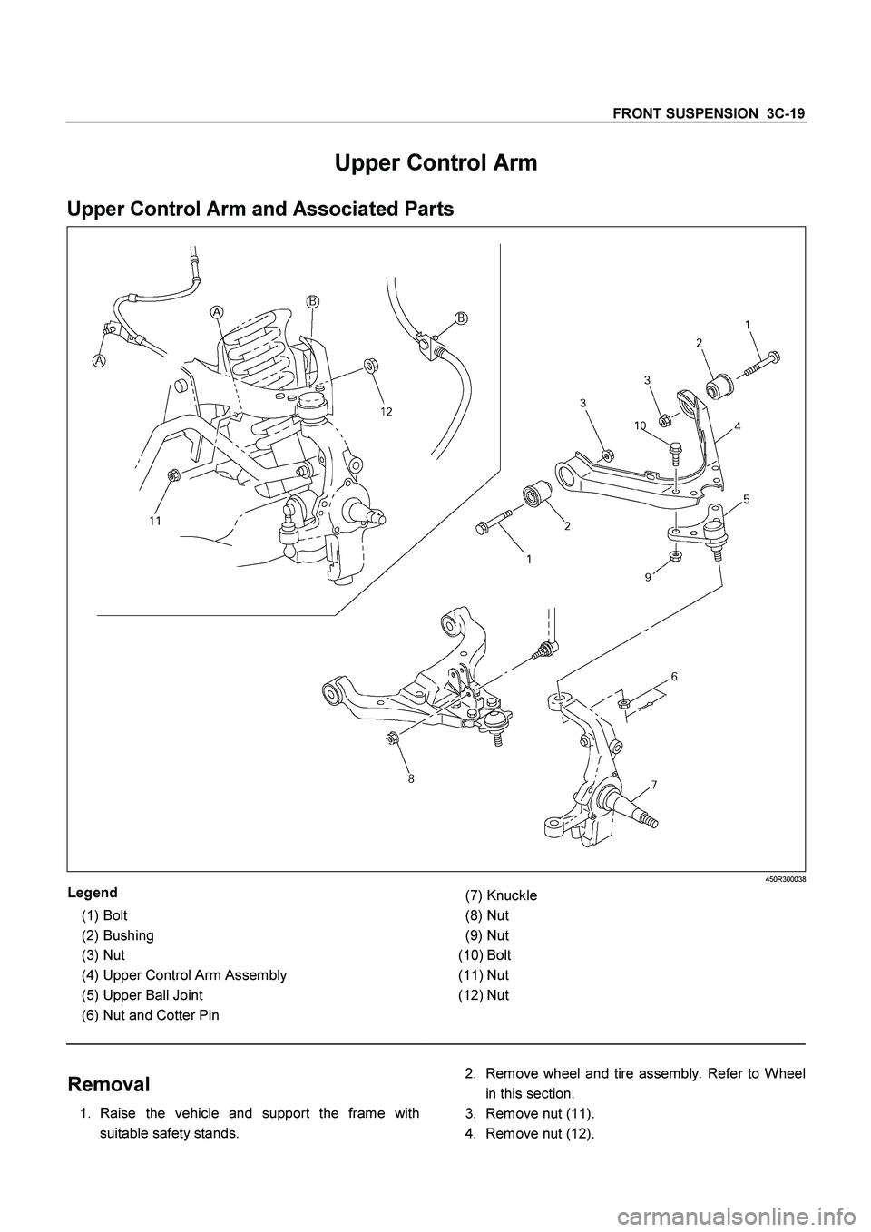 ISUZU TF SERIES 2004  Workshop Manual FRONT SUSPENSION  3C-19
 
Upper Control Arm 
Upper Control Arm and Associated Parts 
  
 
 450R300038 
Legend 
 
(1) 
Bolt 
 
(2) 
Bushing 
 
(3) 
Nut 
 
(4) 
Upper Control Arm Assembly 
 
(5) 
Upper 