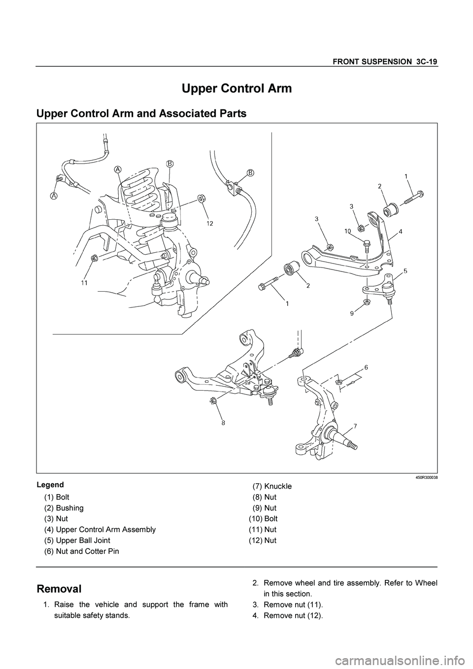 ISUZU TF SERIES 2004  Workshop Manual FRONT SUSPENSION  3C-19
 
Upper Control Arm 
Upper Control Arm and Associated Parts 
  
 
 450R300038 
Legend 
 
(1) 
Bolt 
 
(2) 
Bushing 
 
(3) 
Nut 
 
(4) 
Upper Control Arm Assembly 
 
(5) 
Upper 