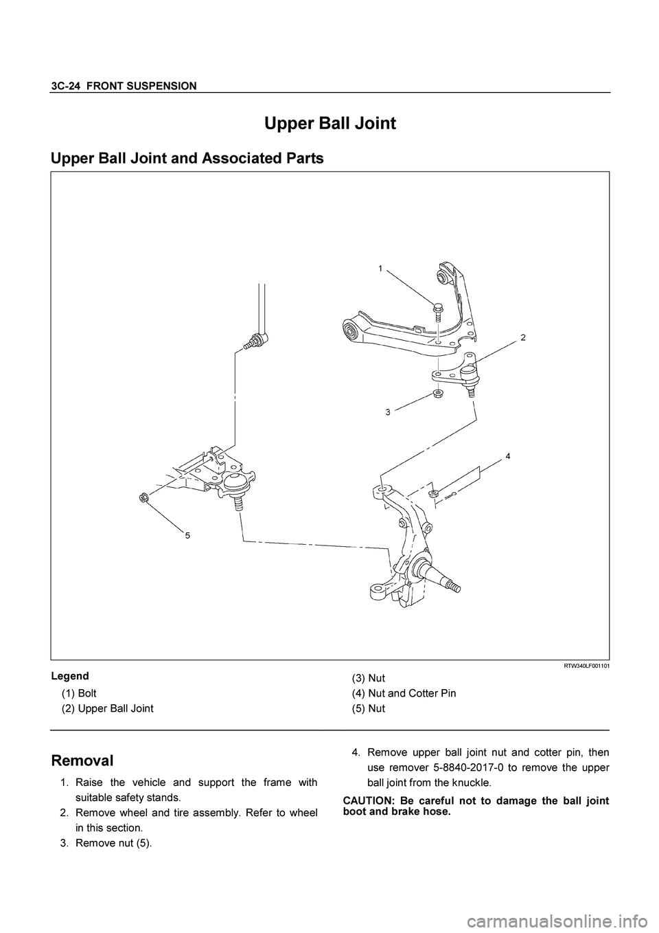 ISUZU TF SERIES 2004  Workshop Manual 3C-24  FRONT SUSPENSION
 
Upper Ball Joint 
Upper Ball Joint and Associated Parts 
  
 
 RTW340LF001101 
Legend 
 
(1) 
Bolt 
 
(2) 
Upper Ball Joint 
  
 
(3) 
Nut 
 
(4) 
Nut and Cotter Pin 
 
(5) 
