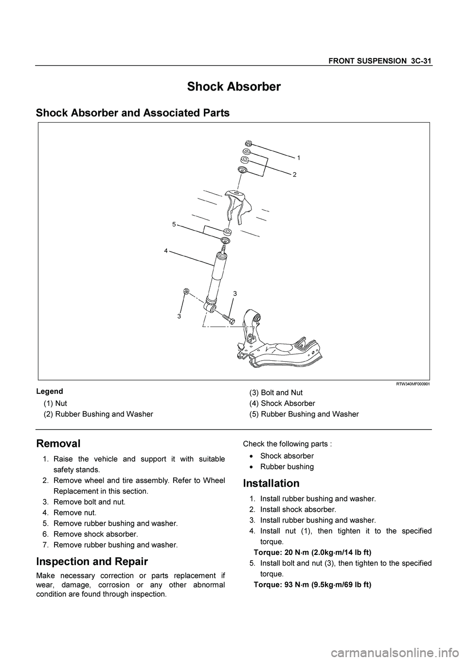 ISUZU TF SERIES 2004 Workshop Manual FRONT SUSPENSION 3C-31
Shock Absorber
Shock Absorber and Associated Parts
RTW340MF000901
Legend
(1)
Nut
(2)
Rubber Bushing and Washer
(3) Bolt and Nut
(4)
Shock Absorber
(5 ISUZU TF SERIES 2004 Workshop Manual FRONT SUSPENSION 3C-31
Shock Absorber
Shock Absorber and Associated Parts
RTW340MF000901
Legend
(1)
Nut
(2)
Rubber Bushing and Washer
(3) Bolt and Nut
(4)
Shock Absorber
(5