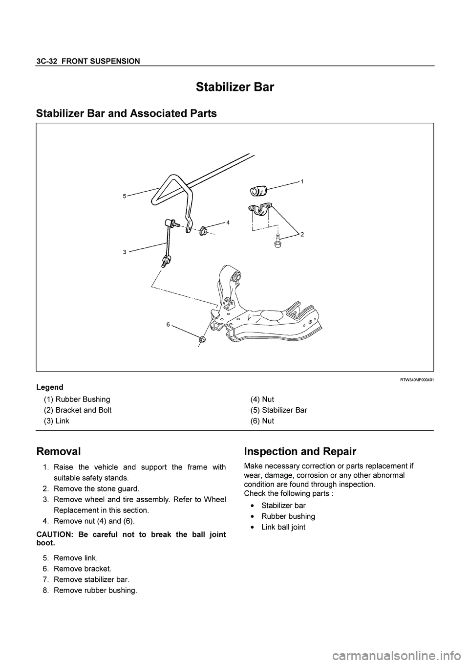 ISUZU TF SERIES 2004  Workshop Manual 3C-32  FRONT SUSPENSION
 
Stabilizer Bar 
Stabilizer Bar and Associated Parts 
  
 
 RTW340MF000401 
Legend 
 
(1) 
Rubber Bushing 
 
(2) 
Bracket and Bolt 
 (3) Link 
  
 
 
(4) 
Nut 
 (5) Stabilizer