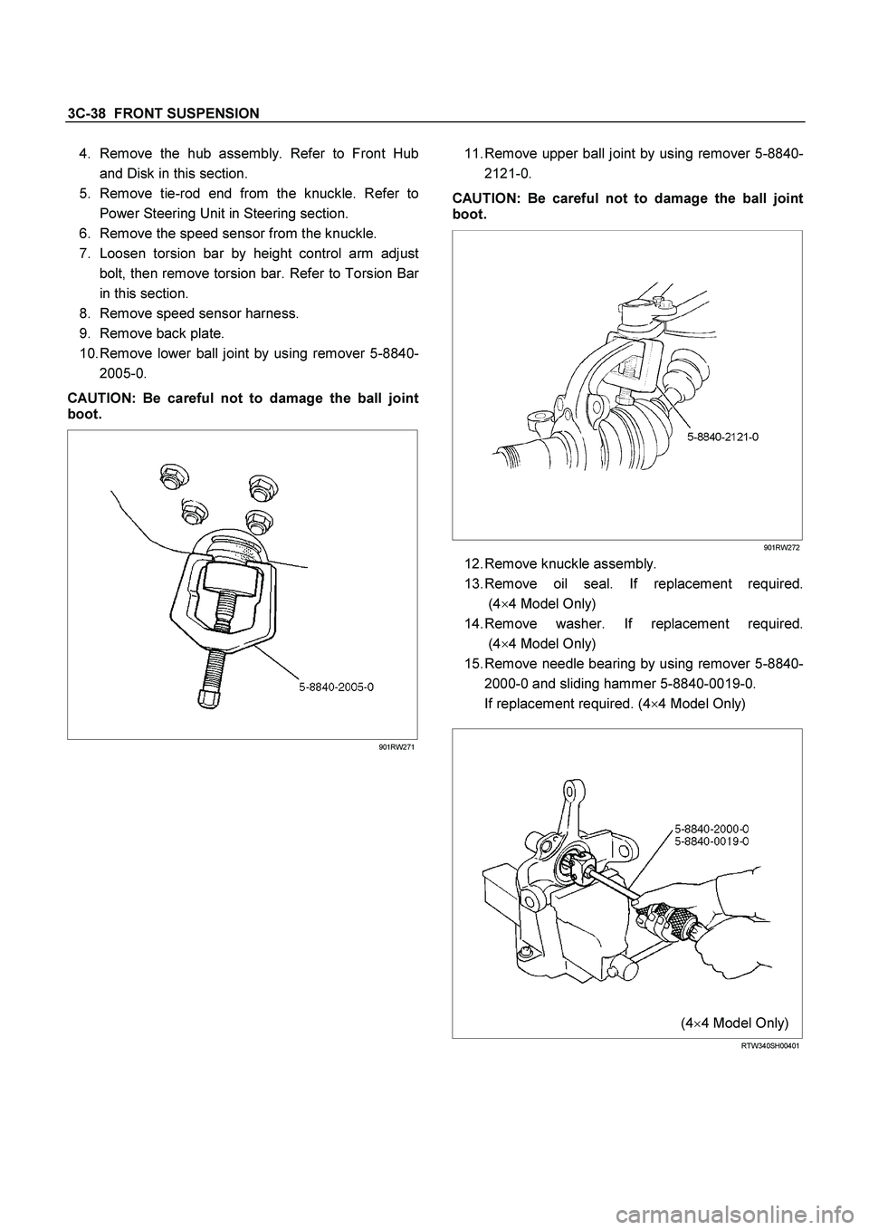 ISUZU TF SERIES 2004  Workshop Manual 3C-38  FRONT SUSPENSION
 
4. Remove the hub assembly. Refer to Front Hub
and Disk in this section. 
5. Remove tie-rod end from the knuckle. Refer to
Power Steering Unit in Steering section. 
6.  Remov