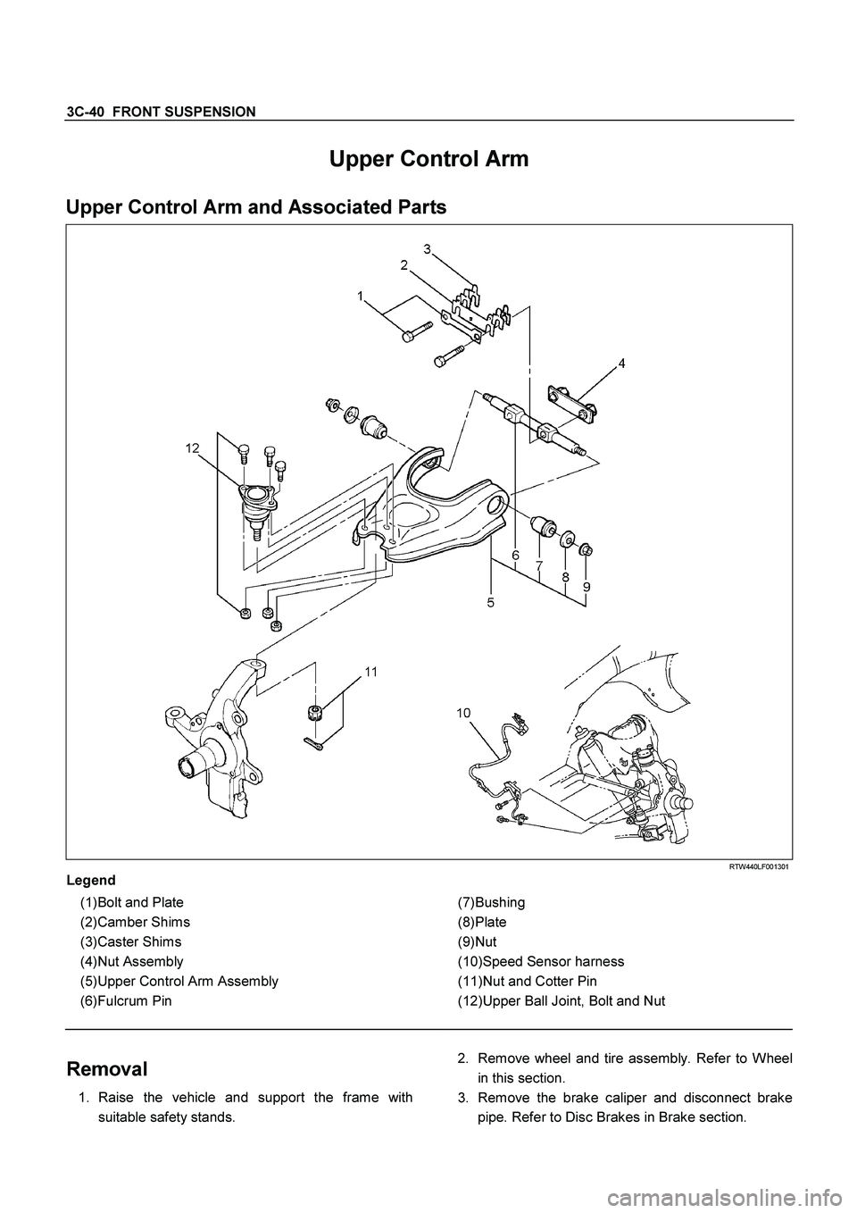 ISUZU TF SERIES 2004  Workshop Manual 3C-40  FRONT SUSPENSION
 
Upper Control Arm 
Upper Control Arm and Associated Parts 
  
 
 RTW440LF001301 
Legend 
  (1)Bolt and Plate 
 (2)Camber Shims 
 (3)Caster Shims 
 (4)Nut Assembly 
  (5)Upper