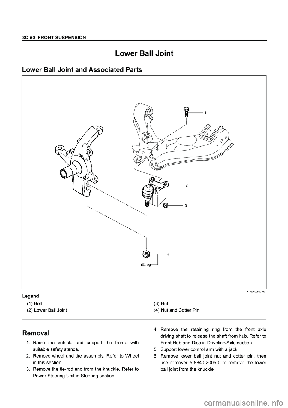 ISUZU TF SERIES 2004  Workshop Manual 3C-50  FRONT SUSPENSION
 
Lower Ball Joint 
Lower Ball Joint and Associated Parts 
  
 
 RTW340LF001601 
Legend 
 
(1) 
Bolt 
 
(2) 
Lower Ball Joint 
  
 
 (3) Nut 
 
(4) 
Nut and Cotter Pin 
 
 
Rem