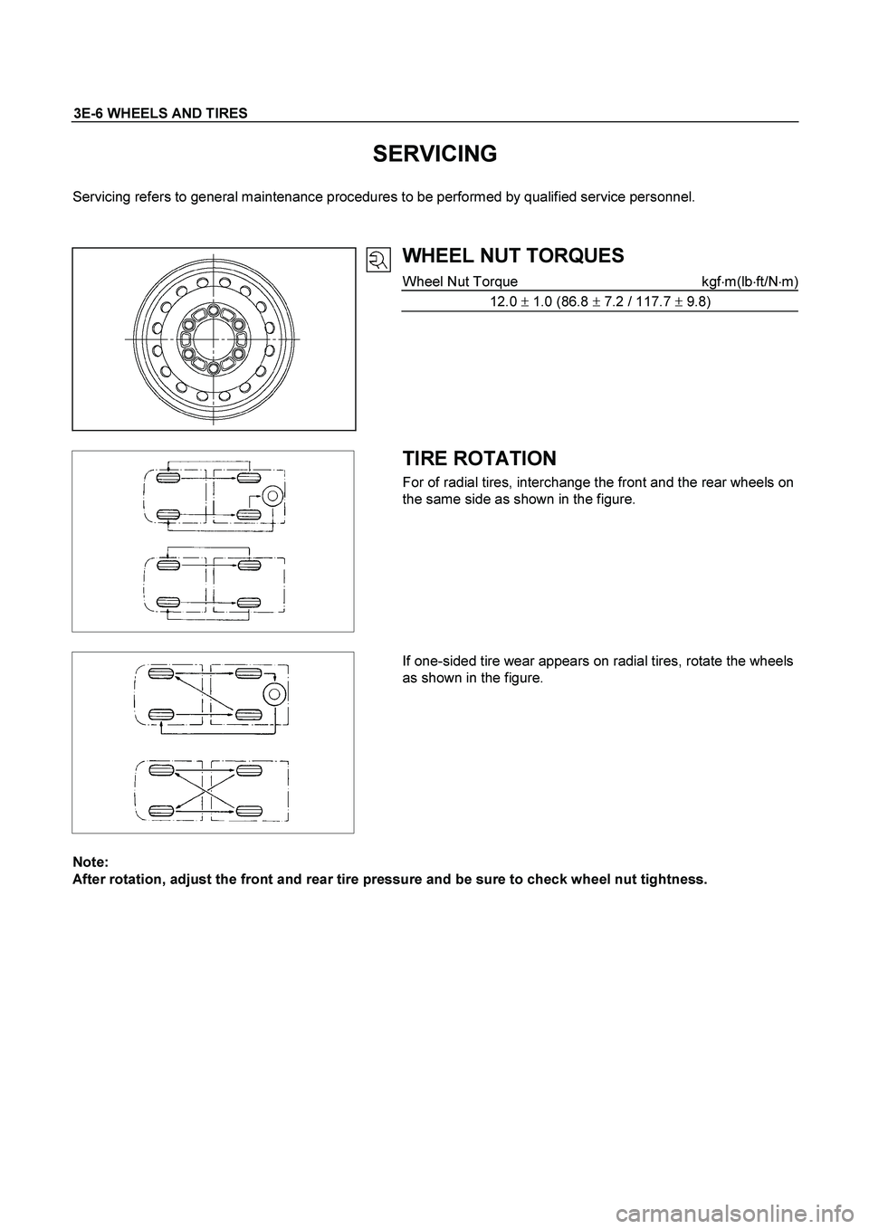 ISUZU TF SERIES 2004  Workshop Manual 3E-6 WHEELS AND TIRES 
 
SERVICING 
Servicing refers to general maintenance procedures to be performed by qualified service personnel. 
 
 
 
 
 
WHEEL NUT TORQUES 
Wheel Nut Torque  kgfm(lbft/Nm)
