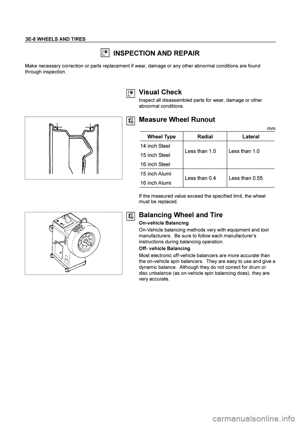 ISUZU TF SERIES 2004 Workshop Manual 3E-8 WHEELS AND TIRES
INSPECTION AND REPAIR
Make necessary correction or parts replacement if wear, damage or any other abnormal conditions are found
through inspection.
Visual Check
ISUZU TF SERIES 2004 Workshop Manual 3E-8 WHEELS AND TIRES
INSPECTION AND REPAIR
Make necessary correction or parts replacement if wear, damage or any other abnormal conditions are found
through inspection.
Visual Check