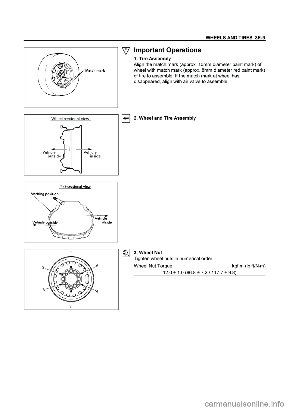 ISUZU TF SERIES 2004  Workshop Manual WHEELS AND TIRES  3E-9
 
 
Important Operations 
1. Tire Assembly 
Align the match mark (approx. 10mm diameter paint mark) of 
wheel with match mark (approx. 8mm diameter red paint mark) 
of tire to a