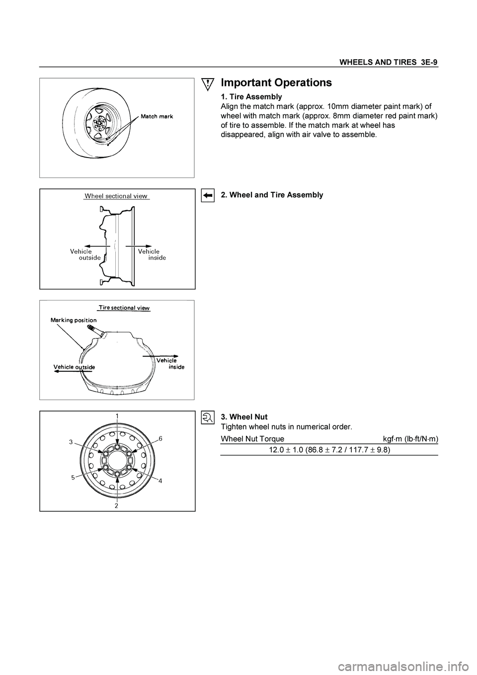 ISUZU TF SERIES 2004  Workshop Manual WHEELS AND TIRES  3E-9
 
 
Important Operations 
1. Tire Assembly 
Align the match mark (approx. 10mm diameter paint mark) of 
wheel with match mark (approx. 8mm diameter red paint mark) 
of tire to a