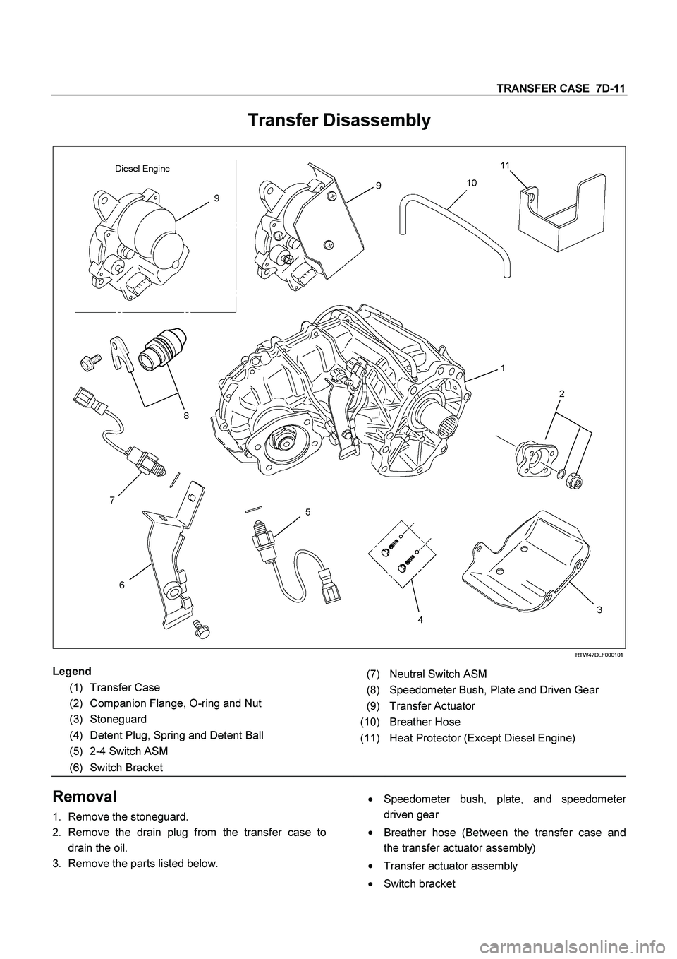 ISUZU TF SERIES 2004  Workshop Manual TRANSFER CASE  7D-11
 
Transfer Disassembly 
  
  RTW47DLF000101 
Legend
 
 
(7) Neutral Switch ASM 
(1) Transfer Case 
 
(8) Speedometer Bush, Plate and Driven Gear 
(2) Companion Flange, O-ring and 