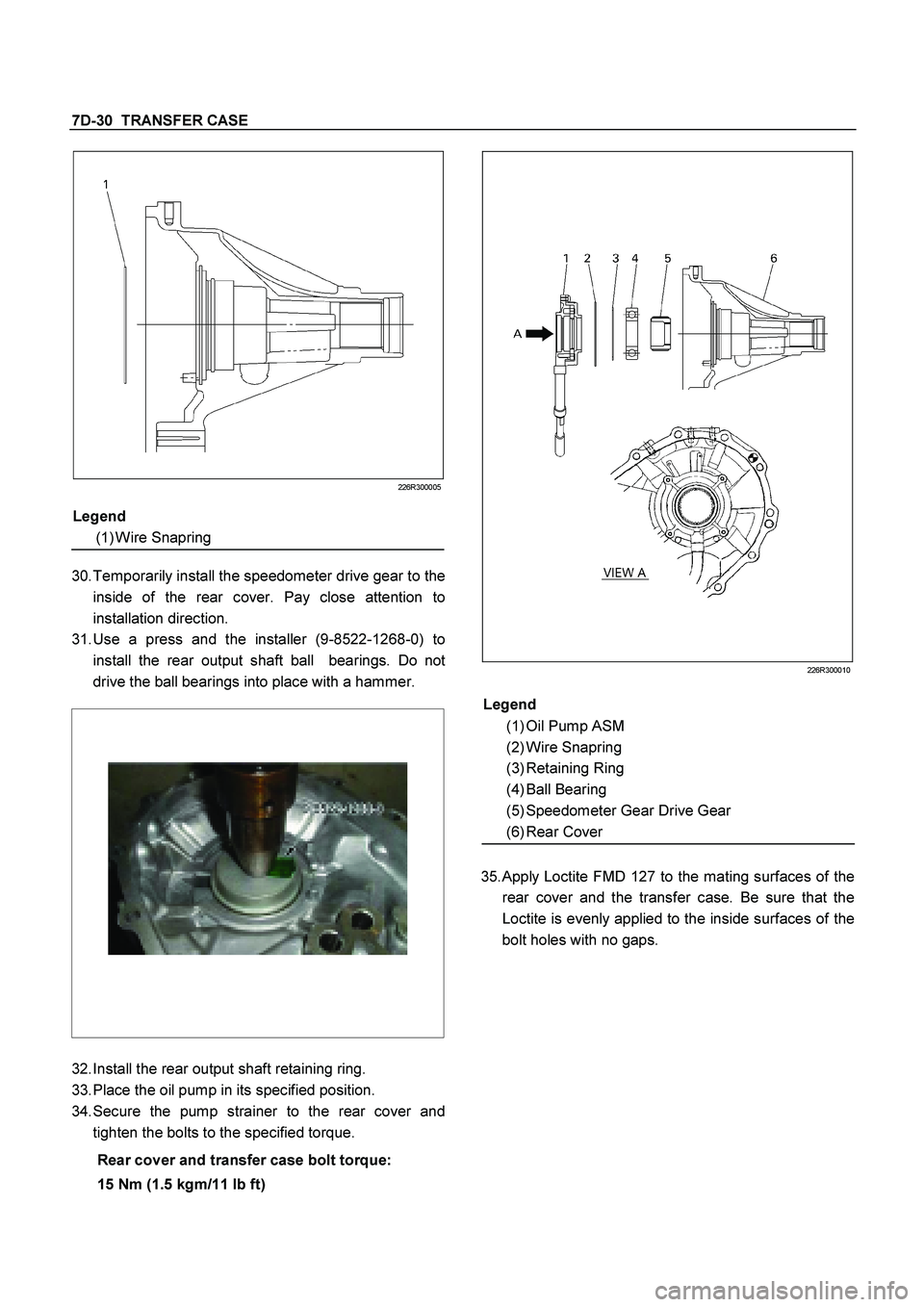 ISUZU TF SERIES 2004  Workshop Manual 7D-30  TRANSFER CASE
 
226R300005
 
 
 
30. 
Temporarily install the speedometer drive gear to the 
inside of the rear cover. Pay close attention to 
installation direction. 
31. 
Use a press and the 