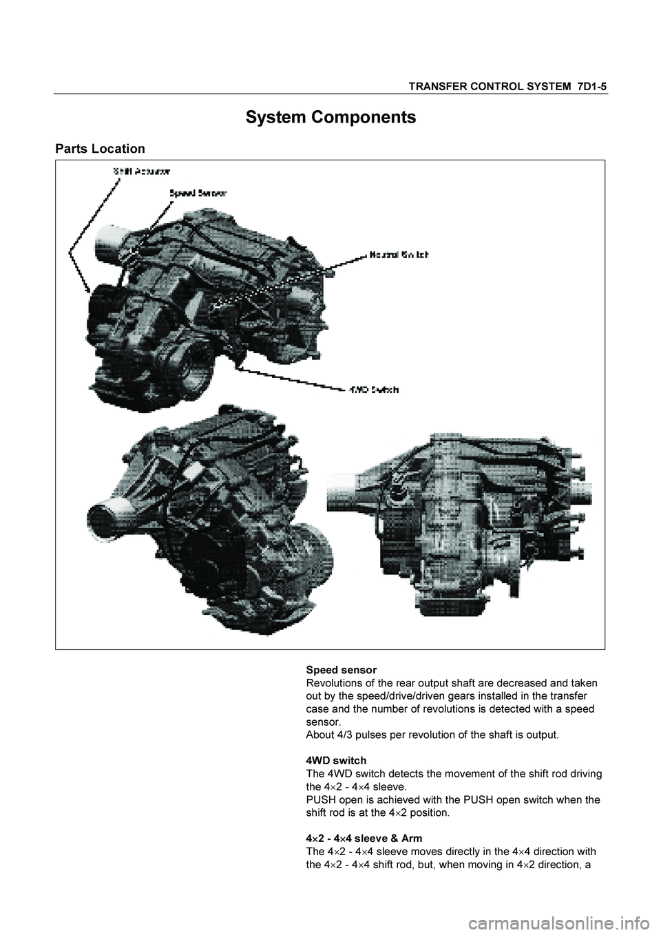 ISUZU TF SERIES 2004  Workshop Manual TRANSFER CONTROL SYSTEM  7D1-5 
System Components 
Parts Location 
 
 
 
 
 Speed sensor 
Revolutions of the rear output shaft are decreased and taken 
out by the speed/drive/driven gears installed in