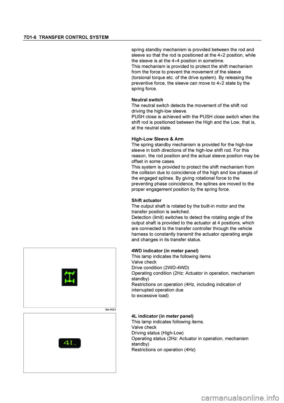 ISUZU TF SERIES 2004 Workshop Manual 7D1-6 TRANSFER CONTROL SYSTEM
spring standby mechanism is provided between the rod and
sleeve so that the rod is positioned at the 4
2 position, while
the sleeve is at the 44 position in sometim ISUZU TF SERIES 2004 Workshop Manual 7D1-6 TRANSFER CONTROL SYSTEM
spring standby mechanism is provided between the rod and
sleeve so that the rod is positioned at the 4
2 position, while
the sleeve is at the 44 position in sometim