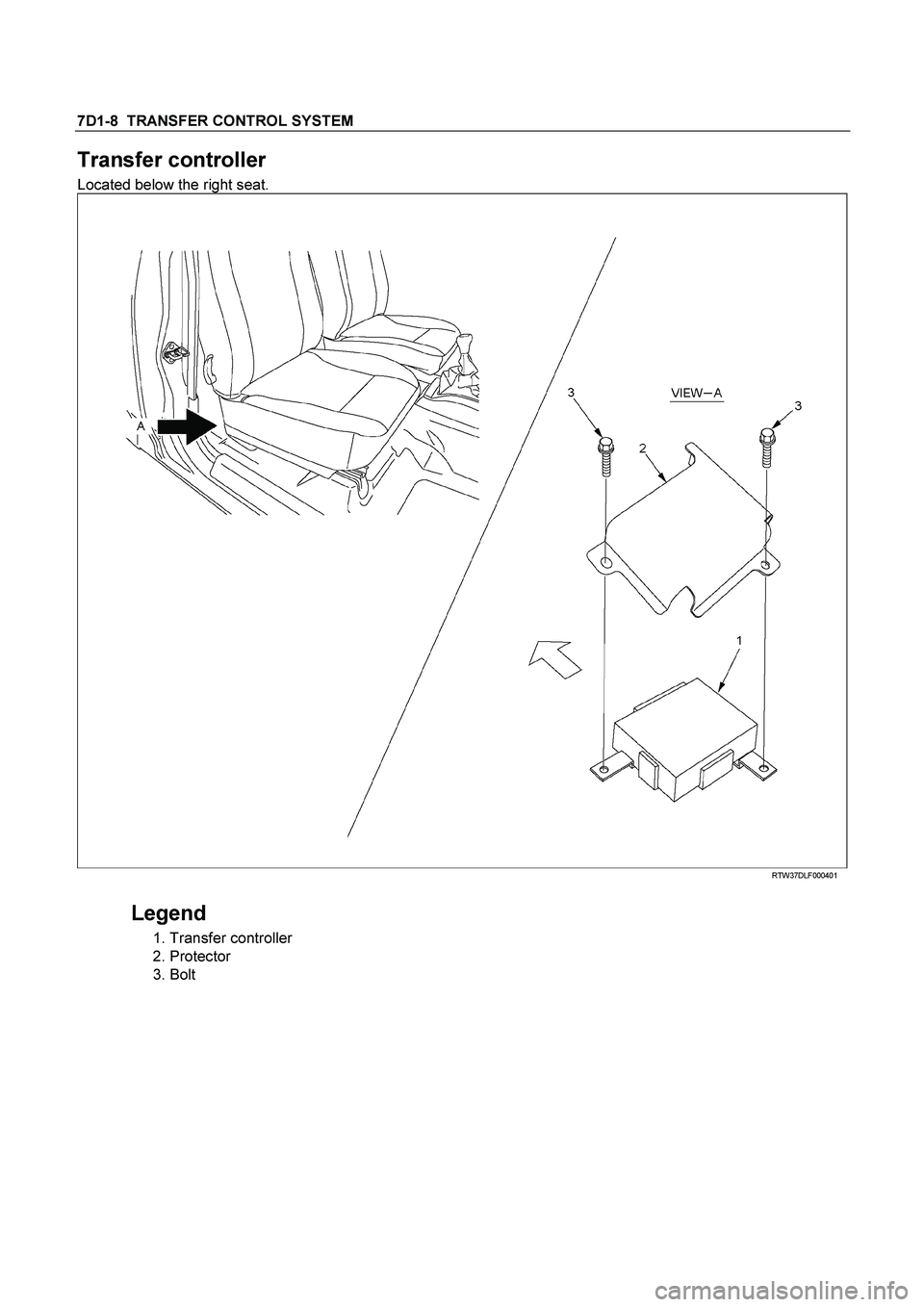 ISUZU TF SERIES 2004  Workshop Manual 7D1-8  TRANSFER CONTROL SYSTEM 
Transfer controller 
Located below the right seat. 
 RTW37DLF000401 
 
Legend 
 
1. Transfer controller 
 2. Protector 
 
3. Bolt  
 
  