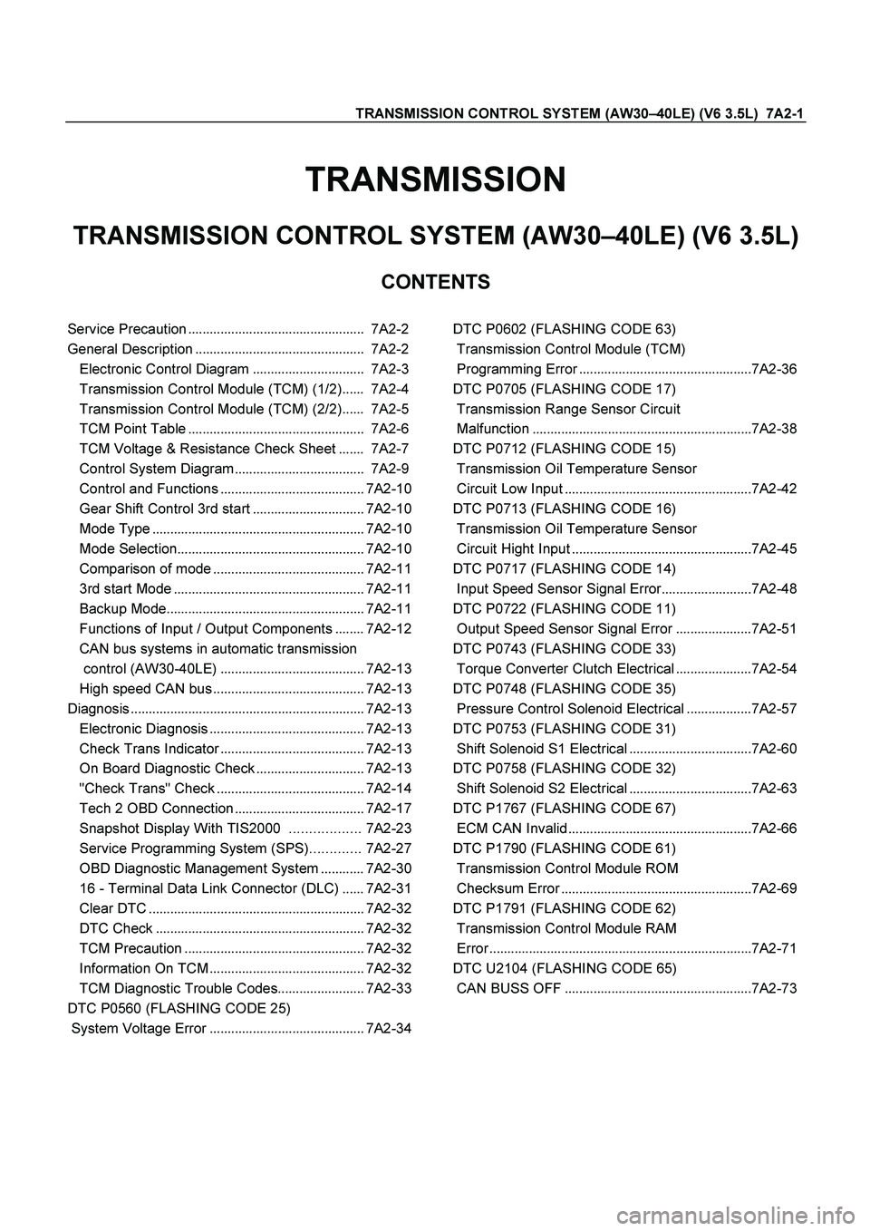 ISUZU TF SERIES 2004  Workshop Manual TRANSMISSION CONTROL SYSTEM (AW30–40LE) (V6 3.5L)  7A2-1  
TRANSMISSION  
TRANSMISSION CONTROL SYSTEM (AW30–40LE) (V6 3.5L)  
CONTENTS 
  
Service Precaution  .....................................