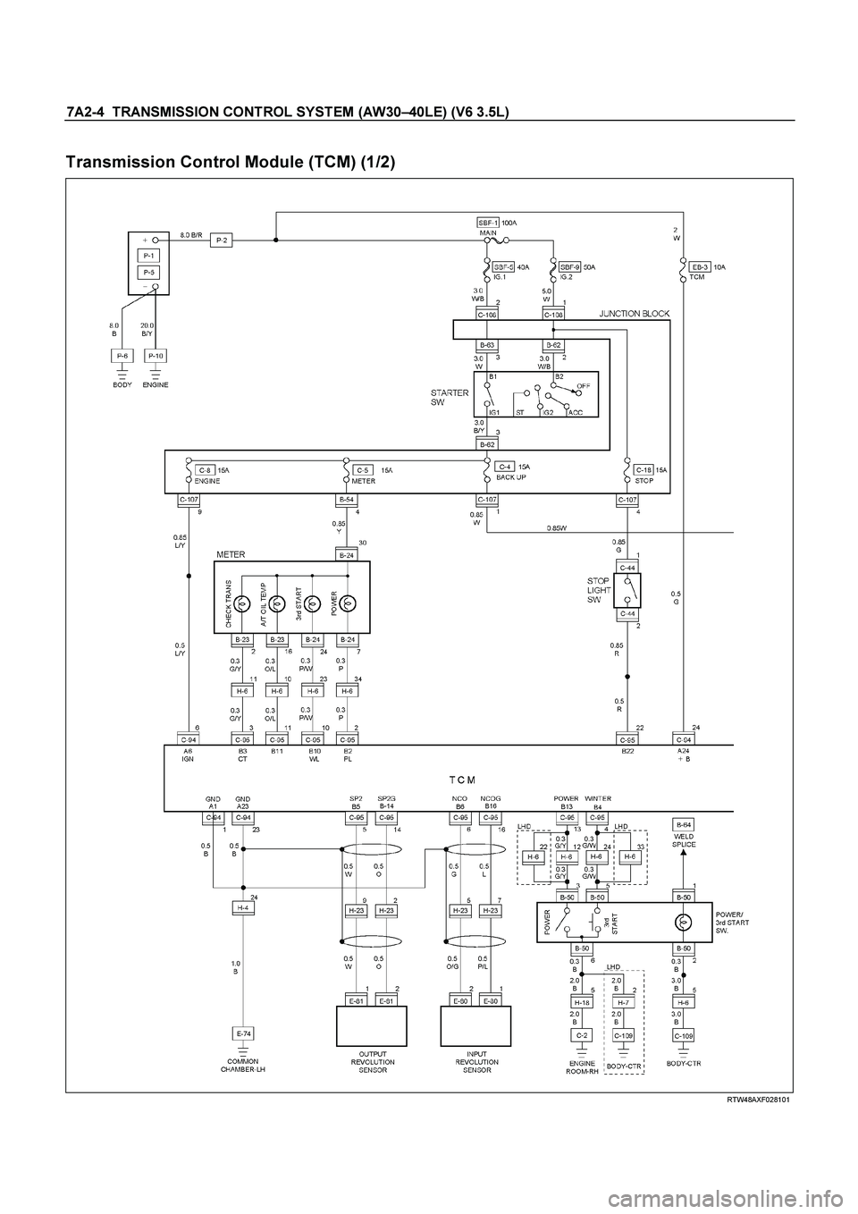 ISUZU TF SERIES 2004  Workshop Manual 7A2-4  TRANSMISSION CONTROL SYSTEM (AW30 –40LE) (V6 3.5L) 
 
Transmission Control Module (TCM) (1/2) 
  
  
 
 
 RTW48AXF028101  